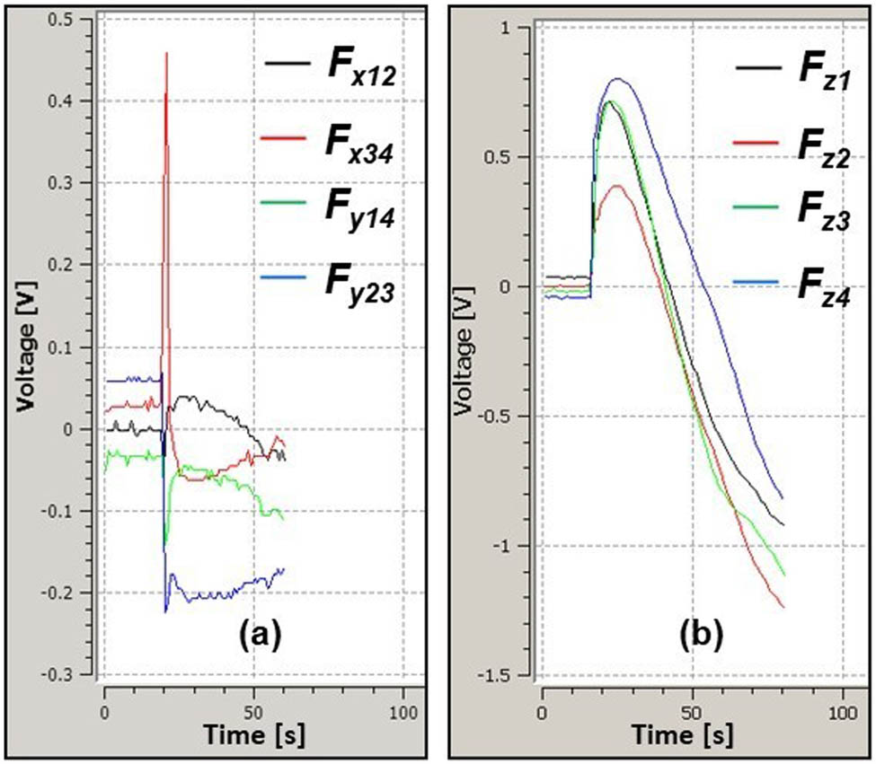 Figure 4
Display of voltage values on the computer screens during an experiment at snow chute, Dhundhi, H.P., India corresponding to (a) shear force F
x
, F
y
components and (b) normal force F
z
components.