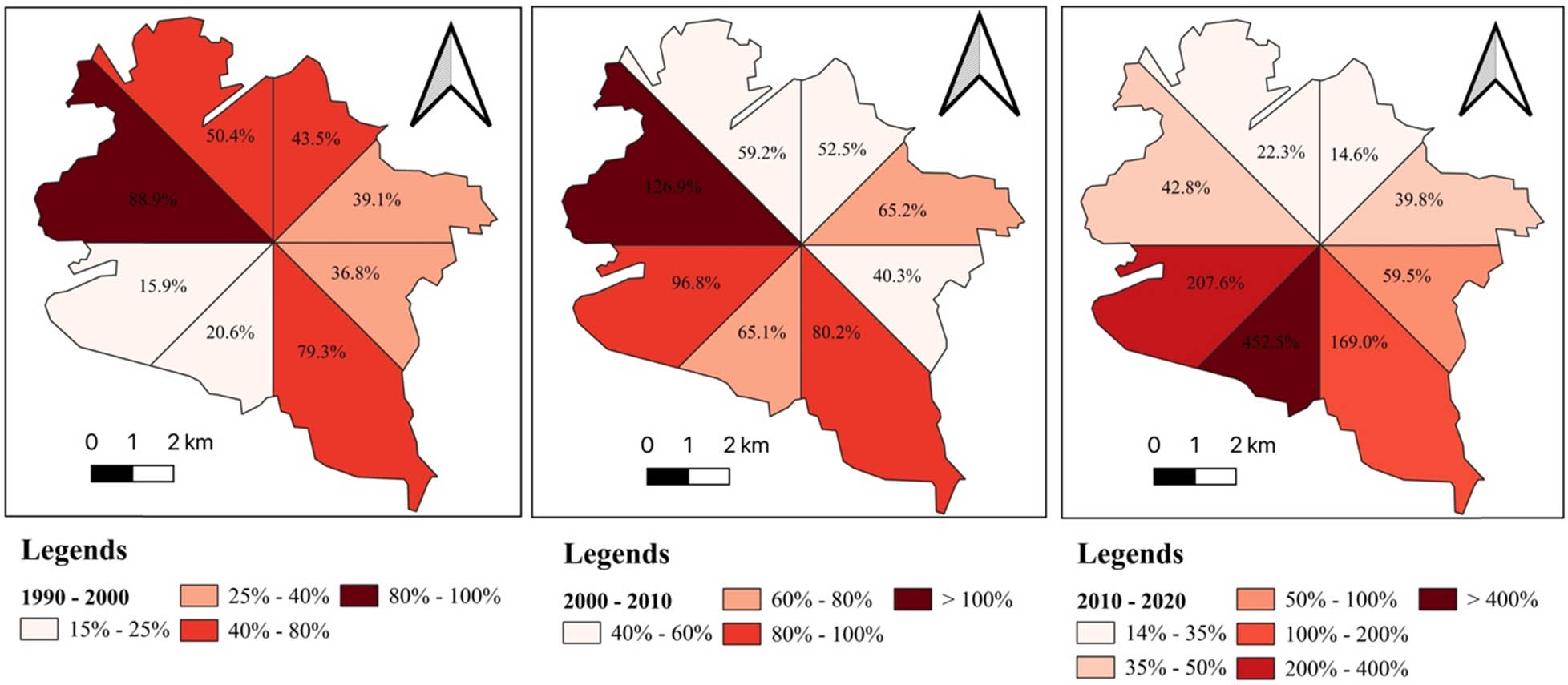 Figure 3
Urban land use change by the zones in Hue city. Source: author’s compilation, 2023.
