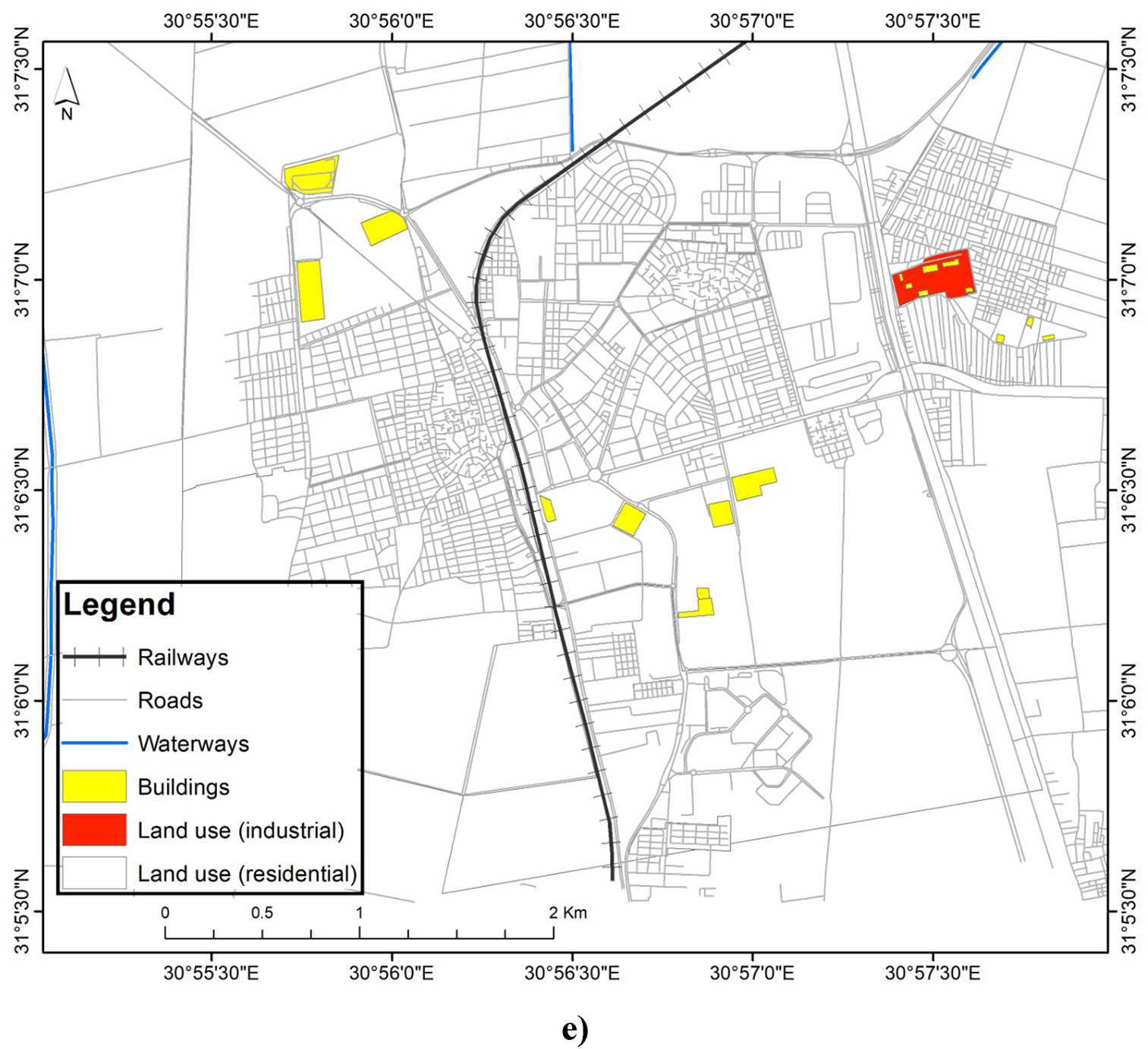 Figure 3 
                     Land use maps for the study area. (a) Feature class for roads. (b) Directions for roads. (c) Road networks in Kafr El-Sheikh City. (d) Area errors for roads. (e) Roads in Kafr El-Sheikh city.
                  
