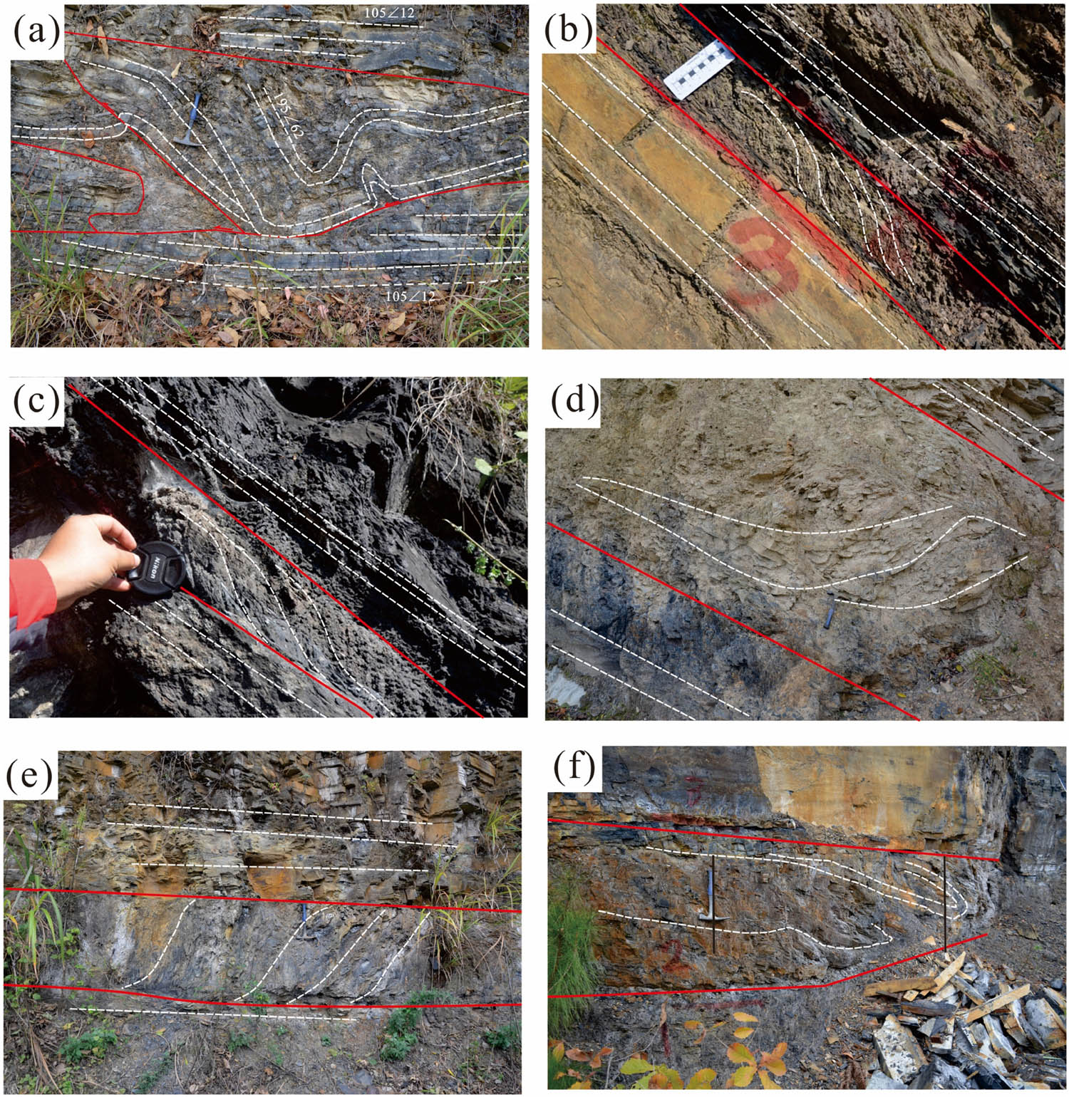 Figure 2
Decollement outcrop photos of Wufeng-Longmaxi Formation, Northern Guizhou: (a) BY, (b) DP, (c) SQG, (d) YW, (e) GSZ, and (f) DTB.