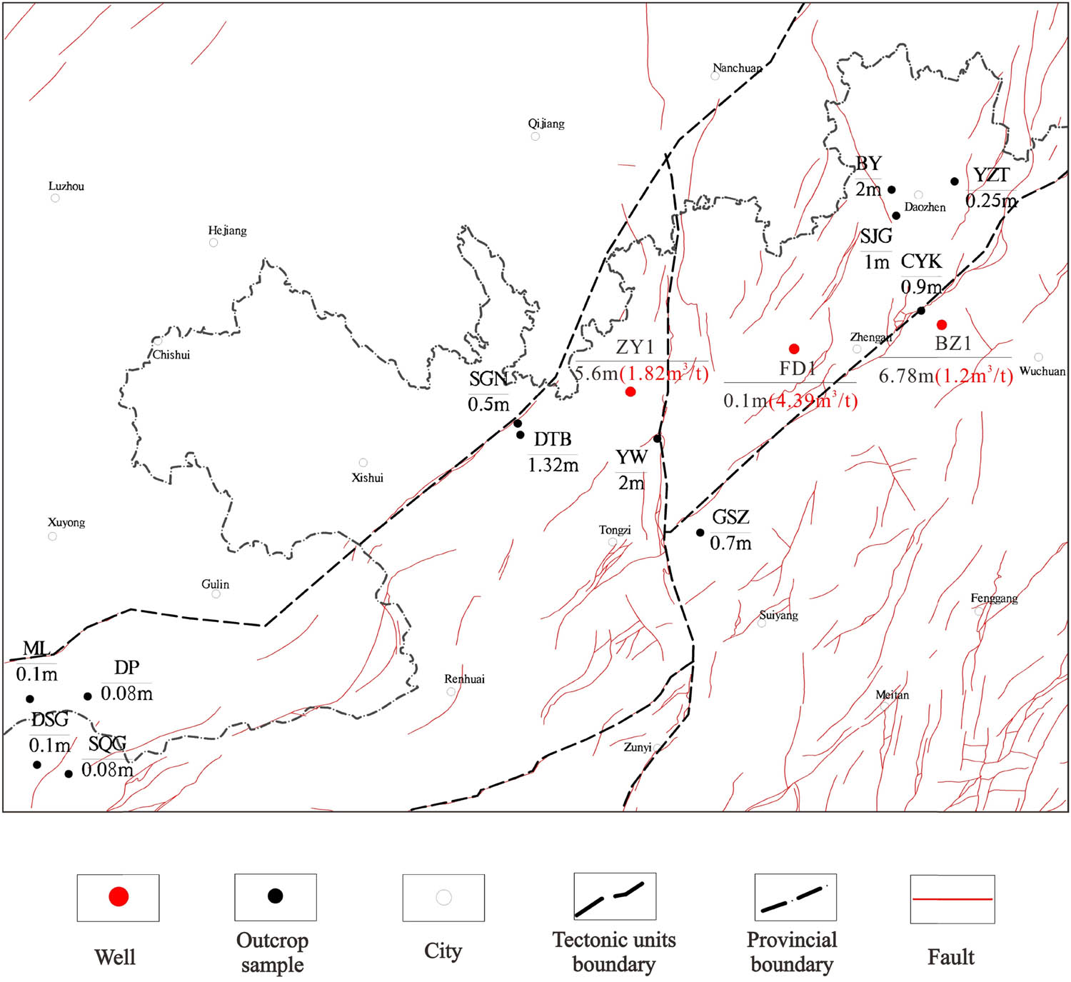 Figure 10
Stratification thickness and gas content map of the northern Guizhou area.