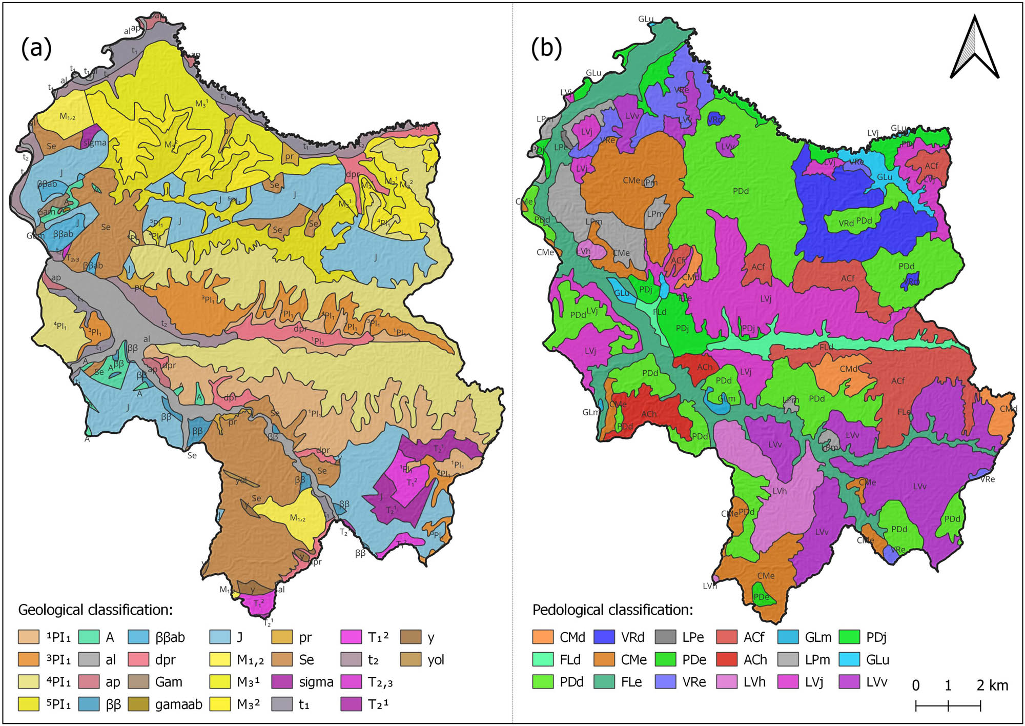 Figure 2
(a) Geological and (b) pedological classification of the study area. The markings (a) of the geological classification from the legend have the following meanings: 1PI1 – sands, conglomerates, and locally clayed; 3PI1 – fine-grained sands, layers of sandy clays, and lenses of gravel; 4PI1 – variegated sandstones and subordinate conglomerates; 5PI1 – weathered, coarse conglomerates, gravel, sandy, and gravelly silts; A – amphibolites; al – gravel and sand; ap – aleurolites, clays, and flood facies; ββ – dykes; ββab – phyllite; dpr – deluvial-proluvial sediments: rubble, gravel, and sand; Gam – amphibolite gneisses; gamaab – albitic granites; J – diorite-gabbroic formation: sandstones, clays, hornfels with small bodies of diabase and spilite; M1,2 – conglomerates, sandstones, clays, and tuffs; M3
1 – argillaceous-sandy shales, lapilli, oolitic limestones, carbonate sandstones, and conglomerates; M3
2 – argillaceous shales, argillaceous limestones, and sand; pr – clayey and sandy gravels and rubble with silts; Se – serpentinites; sigma – peridotites; t1 – lower river terrace; T1
2 – thin-bedded argillaceous and sandy limestones, shaly limestones, clays, and quartz sandstones; t2 – sand and gravel; T2,3 – massive, occasionally thinly-bedded limestones; T2
1 – platy to massive limestones with brachiopods; y – ophitic normal gabbros; yol – gabbros, predominantly olivine gabbro. The markings (b) of the pedological classification from the legend have the following meanings: CMd – Dystric Cambisols; FLd – Dystric Fluvisols; PDd – Dystric Podzoluvisols; VRd – Dystric Vertisols; CMe – Eutric Cambisols; FLe – Eutric Fluvisols; LPe – Eutric Leptosols; PDe – Eutric Podzoluvisols; VRe – Eutric Vertisols; ACf – Ferric Acrisols; ACh – Haplic Acrisols; LVh – Haplic Luvisols; GLm – Mollic Gleysols; LPm – Mollic Leptosols; LVj – Stagnic Luvisols; PDj – Stagnic Podzoluvisols; GLu – Umbric Gleysols; LVv – Vertic Luvisols.