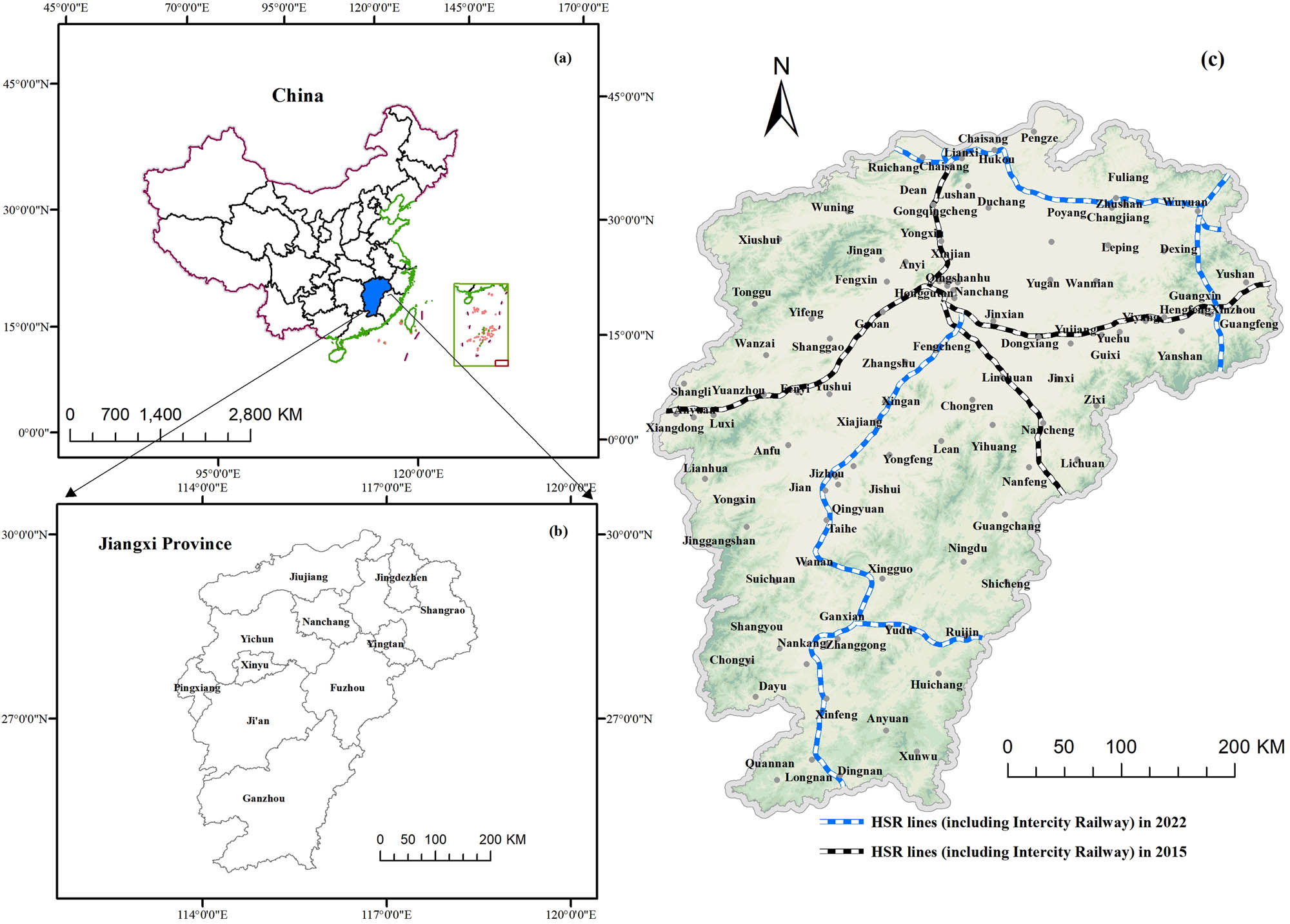 Figure 1 
                  HSR network of Jiangxi Province. (a) Location of Jiangxi Province within China, (b) Administrative map of Jiangxi Province, and (c) HSR network within Jiangxi Province in 2015 and 2022.
               