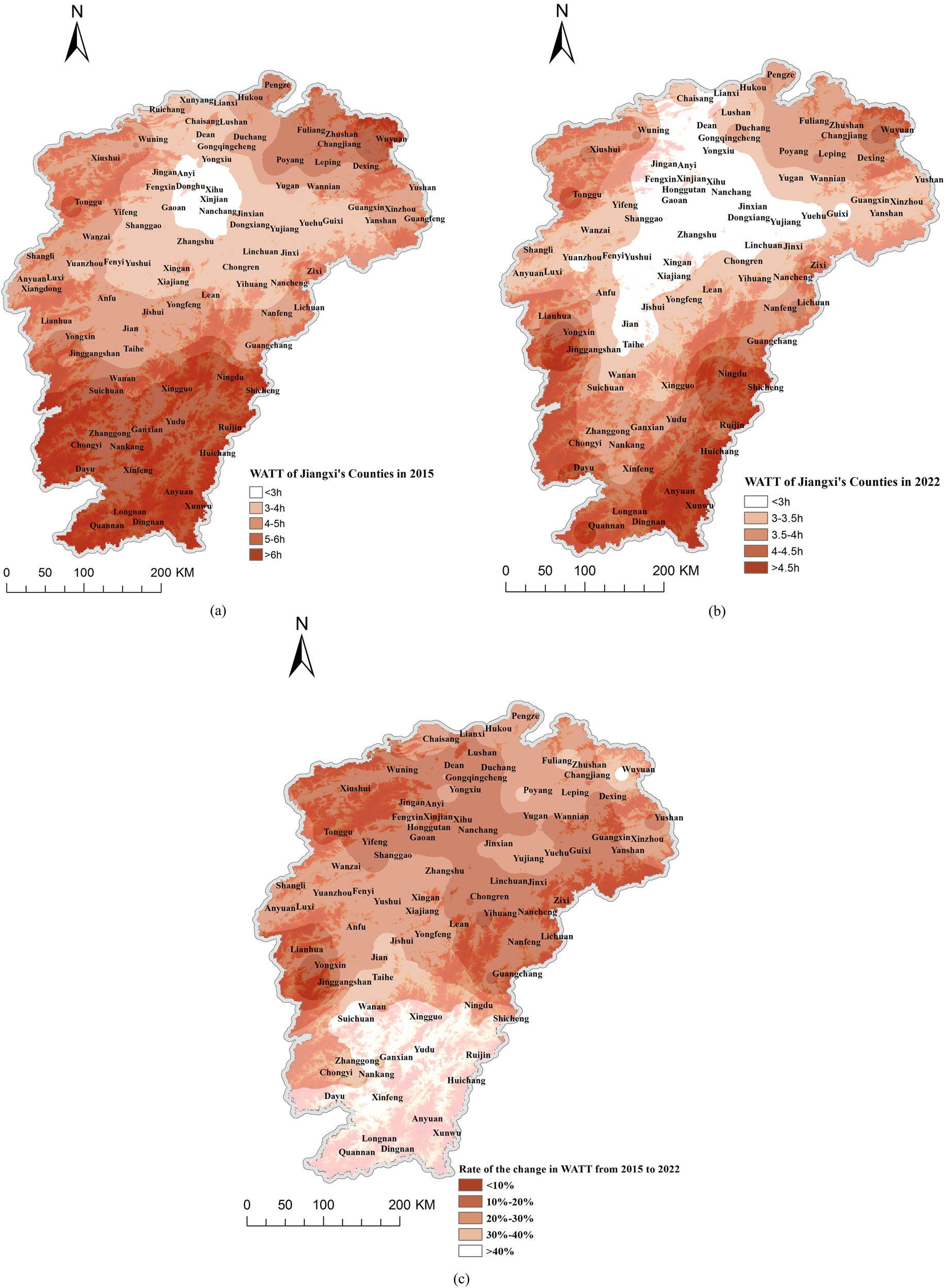 Figure 5 
                     WATT of Jiangxi’s Counties, China, from 2015 to 2022: (a) WATT in 2015, (b) WATT in 2022, and (c) rate of the change in WATT from 2015 to 2022.
                  