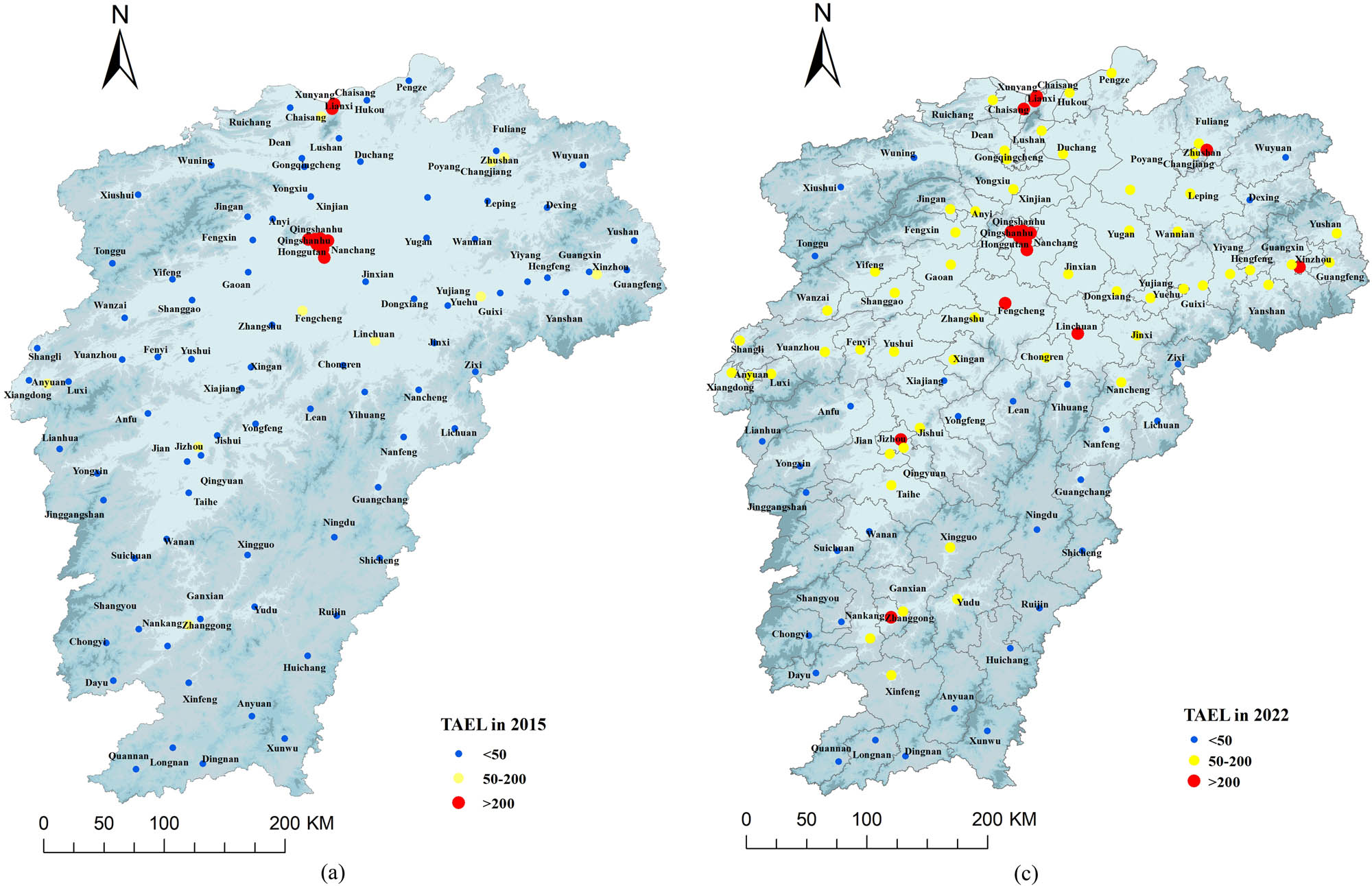 Figure 9 
                     Counties with TAEL in Jiangxi Province (Unit: DN* million people/h): (a) TAEL in 2015 and (b) TAEL in 2022.
                  