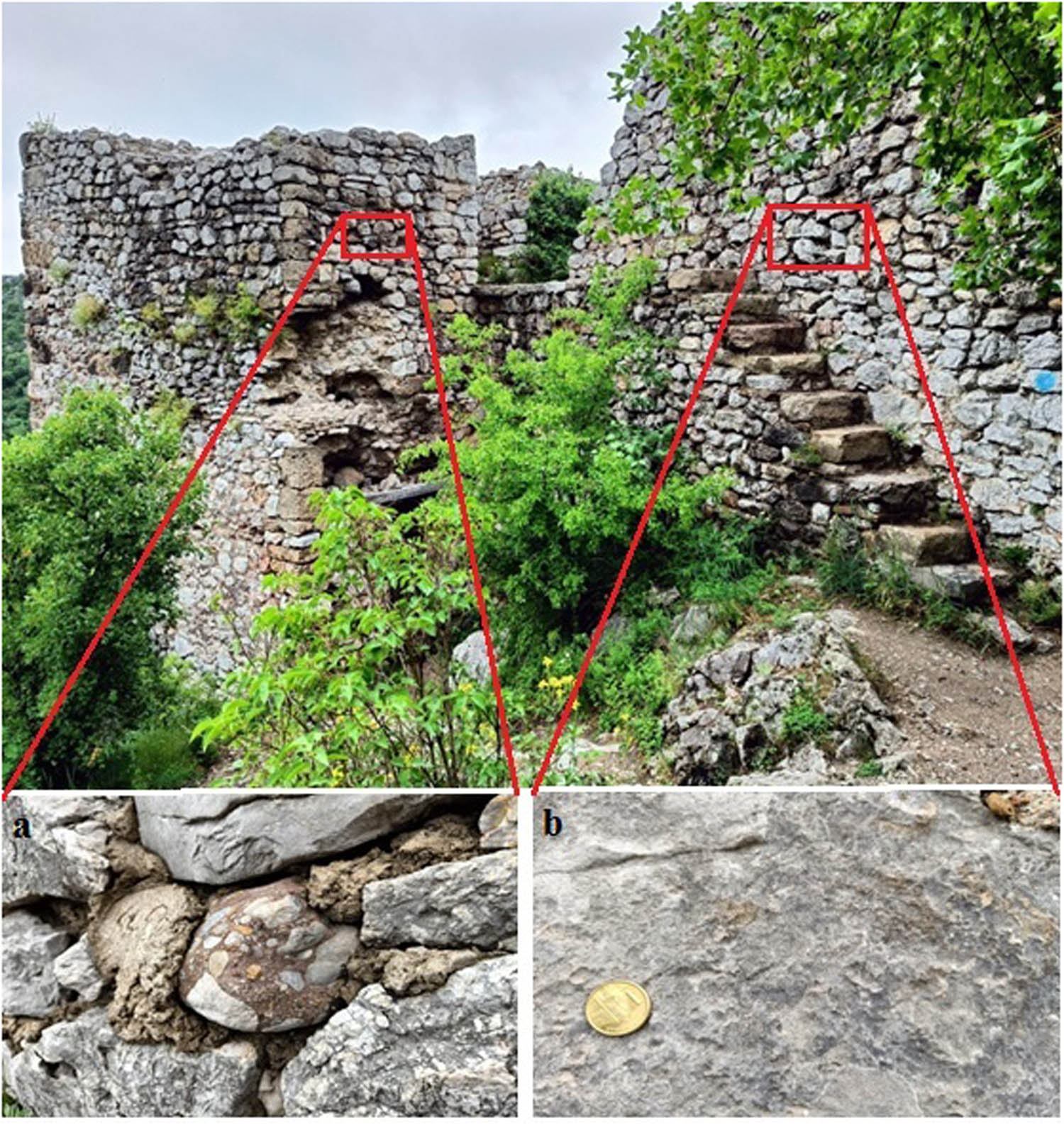Figure 5 
                  Main building stone visible on the site: (a) conglomerates built in the entrance gate and (b) limestone blocks used for the defensive walls.
               