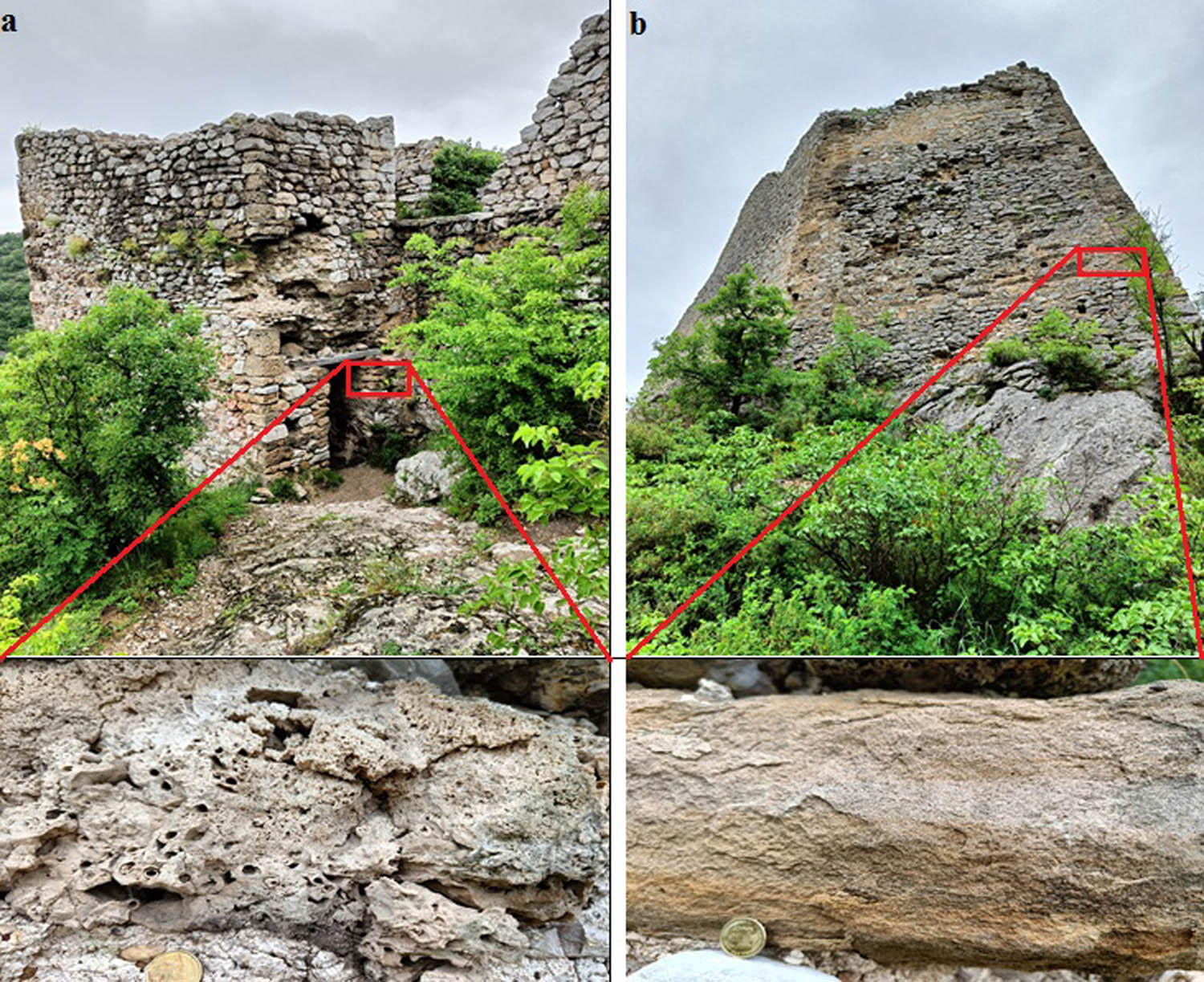 Figure 6 
                  Building stone material used for the entrance gate: (a) tufa blocs with visible macro-biological components and (b) sandstone blocks used for the defensive tower.
               