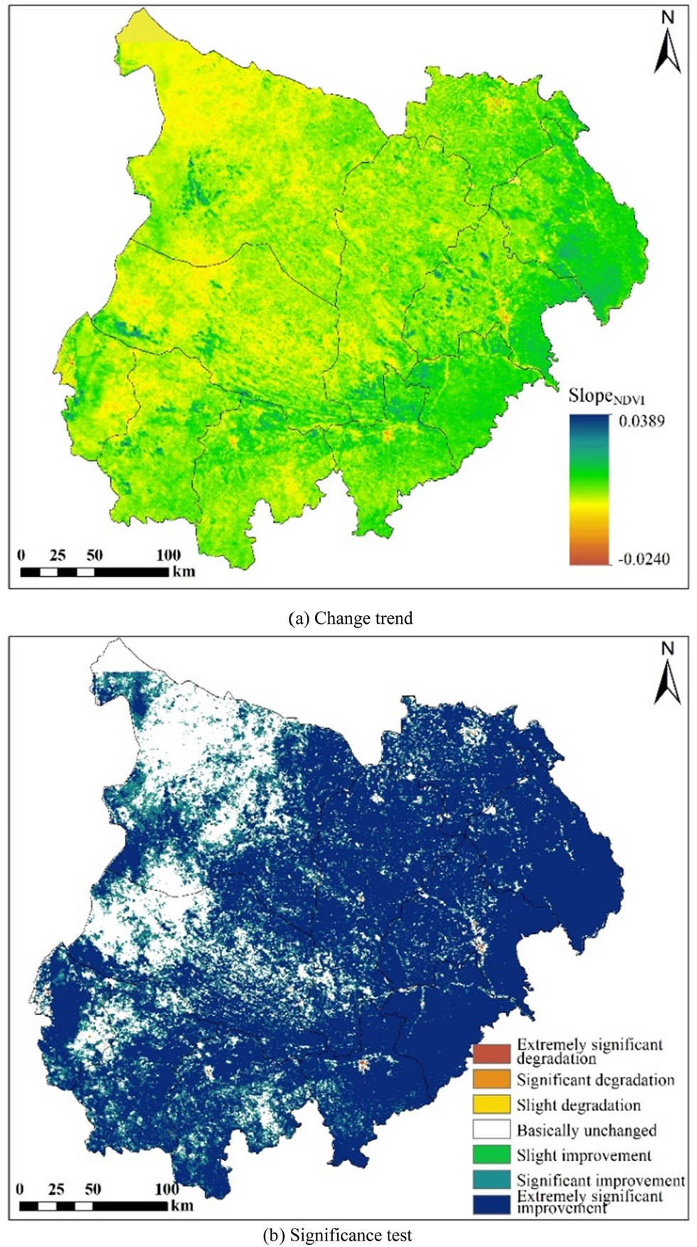 Figure 4 
                  NDVI variation trend (a) and significance test (b) in Mu Us Sandy Land from 2000 to 2020.
               