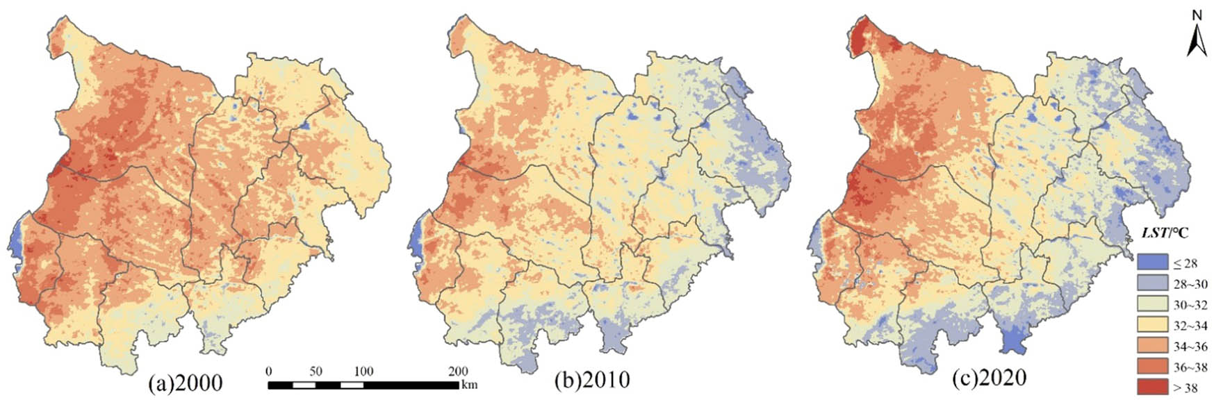 Figure 5 
                  Spatial distribution map of annual LST in Mu Us Sandy Land from 2000 to 2020. (a) 2000, (b) 2010, and (c) 2020.
               