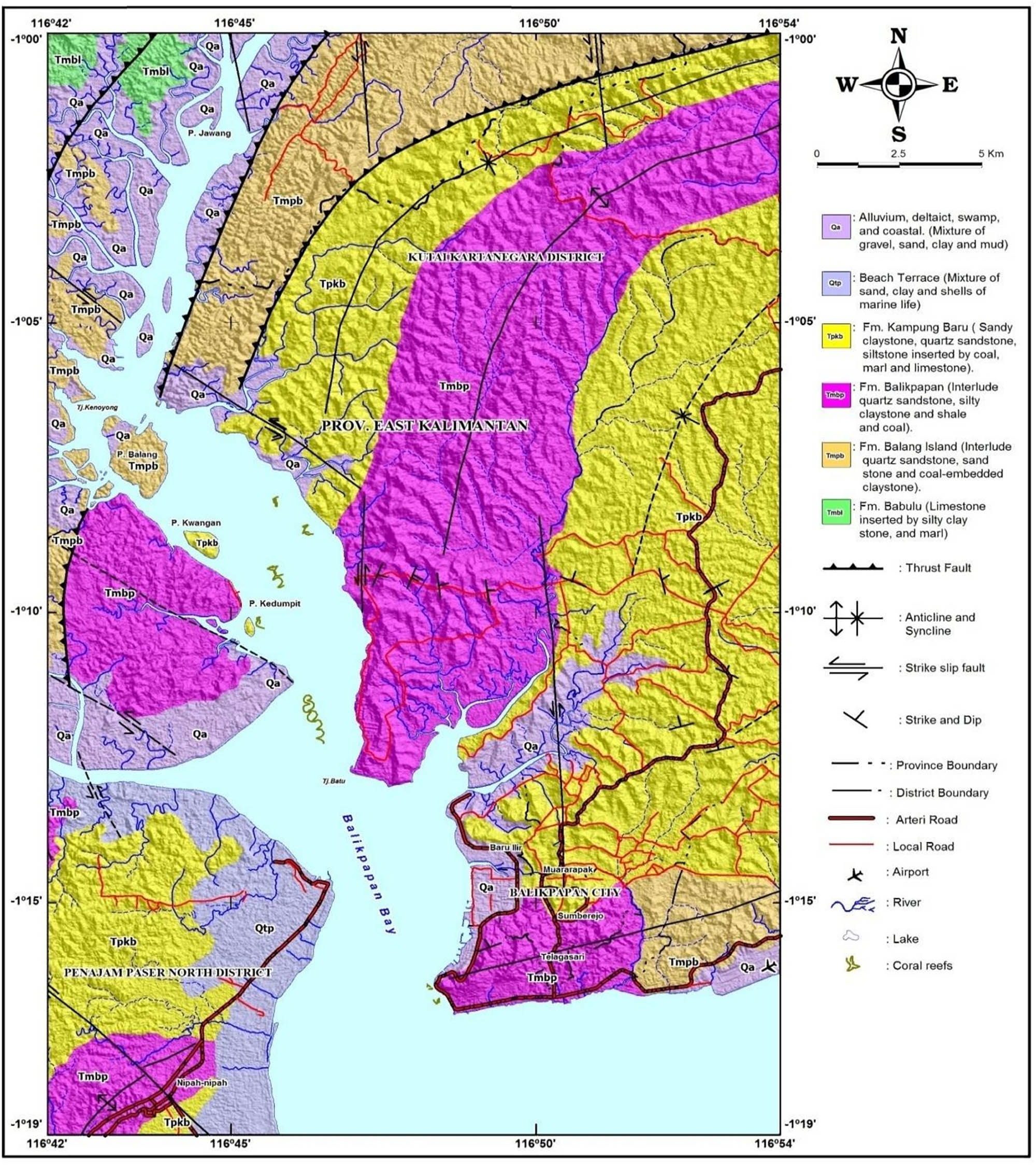 Figure 1 
               Research area and Terrestrial Geology Surrounding Balikpapan Bay [22].
            