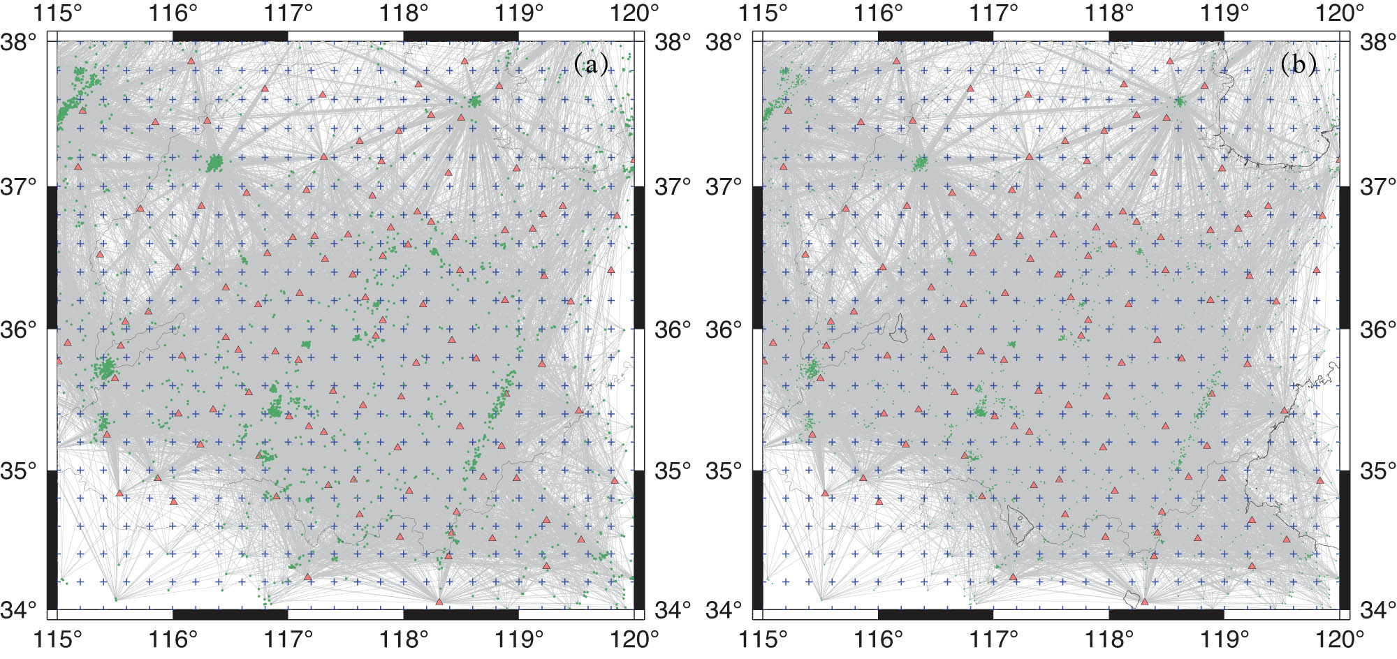 Figure 3
Seismic ray paths of P-wave (a) and S-wave (b) in the studied. Red triangles indicate seismic stations, green solid dots indicate earthquake locations, and blue crosses indicate inversion grid points.