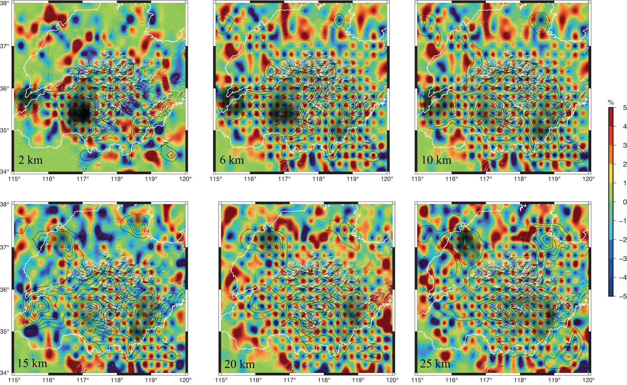 Figure 5
Results of a checkerboard resolution test for P-wave tomography. The velocity perturbation scale is shown at the right. The amplitude of velocity perturbations is 5 percent in the input model. The layer depth is shown at the lower-left corner of each map. The white line indicates the provincial boundary of Shandong Province. The black contours represent DWS > 100 distribution.