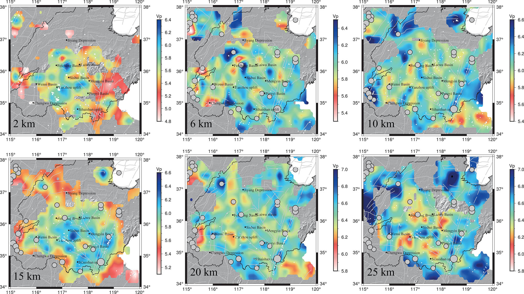 Figure 8
Map views of V
p structures. The layer depth is shown at the lower-left corner of each map. White dots represent small earthquakes since 2008, and solid gray dots indicate earthquakes of magnitude 5.5 or greater since 780 B. C. White circles denote the earthquakes that occurred within a layer of 10 km thickness bound to each slice.
