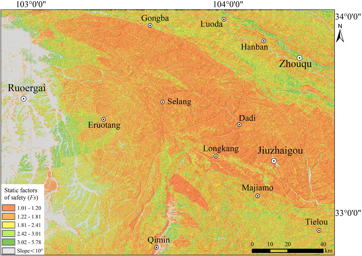 Figure 9 
                  Map showing slope static safety factor 
                        
                           
                           
                              
                                 
                                    F
                                 
                                 
                                    s
                                 
                              
                           
                           {F}_{{\rm{s}}}
                        
                      of the study area.
               