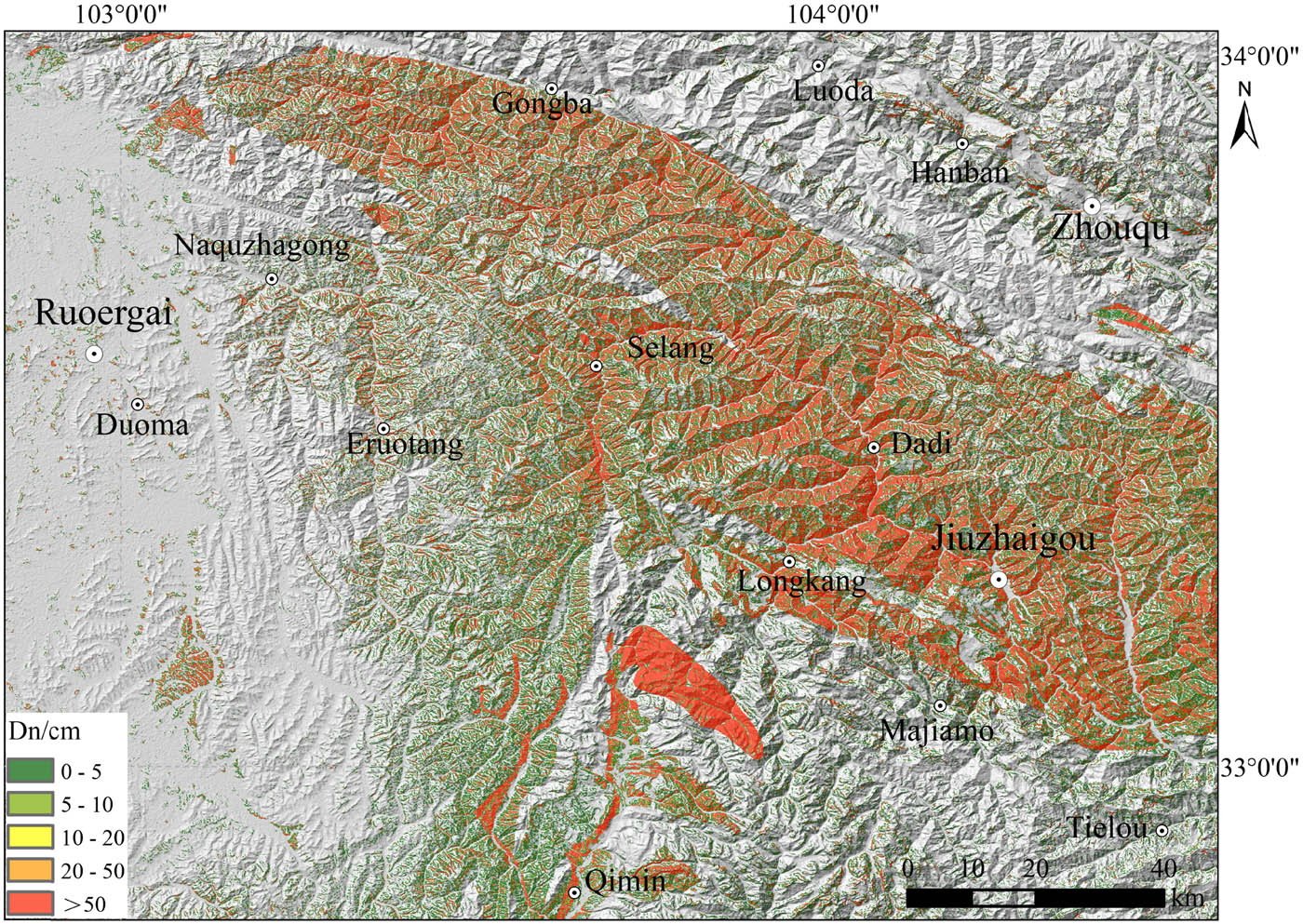Figure 11 
                  Newmark displacement distribution in the study area.
               