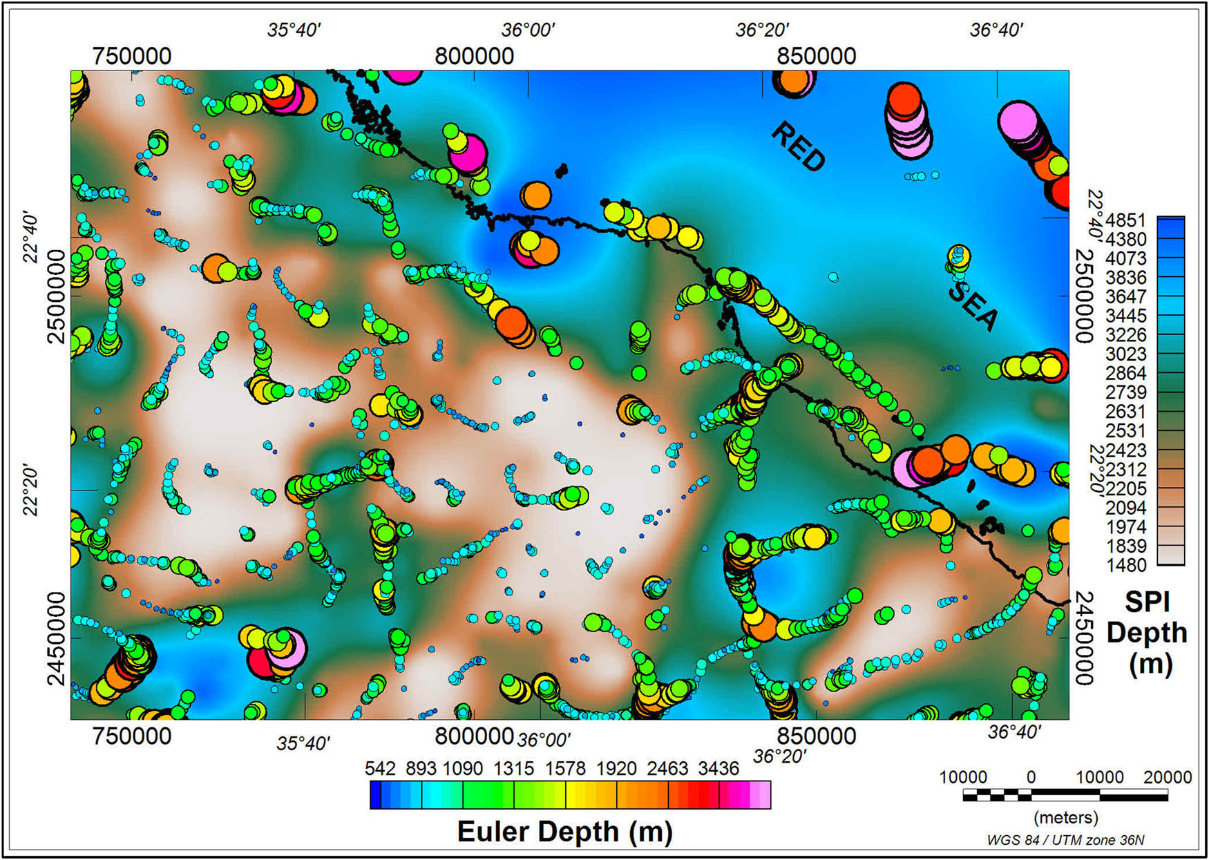 Figure 8 
                     Compared results of depth estimation methods applied to the total RTP magnetic data. SPI results are shown as an image in the background. Colored symbols represent the ED solutions attained using contact model (SI = 0) and window size of 5,000 m.
                  