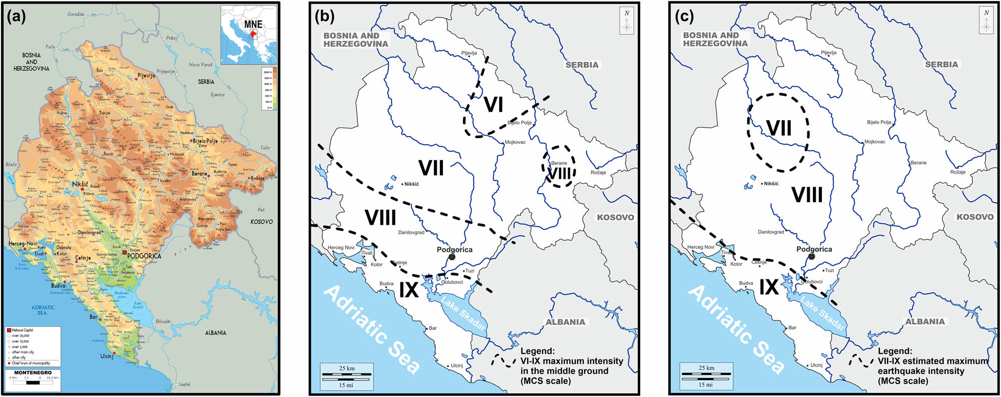 Figure 3 
                  Study area: (a) location of Montenegro; maps of seismic re-ionization of Montenegro territory within the return periods of 200 years (b) and the return period of 500 years (c). Based on the Institute of Hydrometeorology and Seismology of Montenegro.
               
