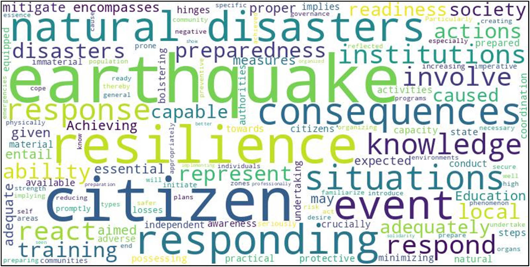 Figure 4 
                  Word cloud analysis of key themes in defining citizen resilience to earthquake-induced disasters.
               