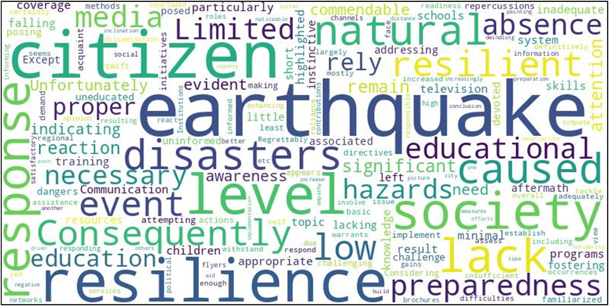Figure 5 
                  Word cloud analysis of key themes in assessment of citizen resilience in coping with earthquake disasters.
               