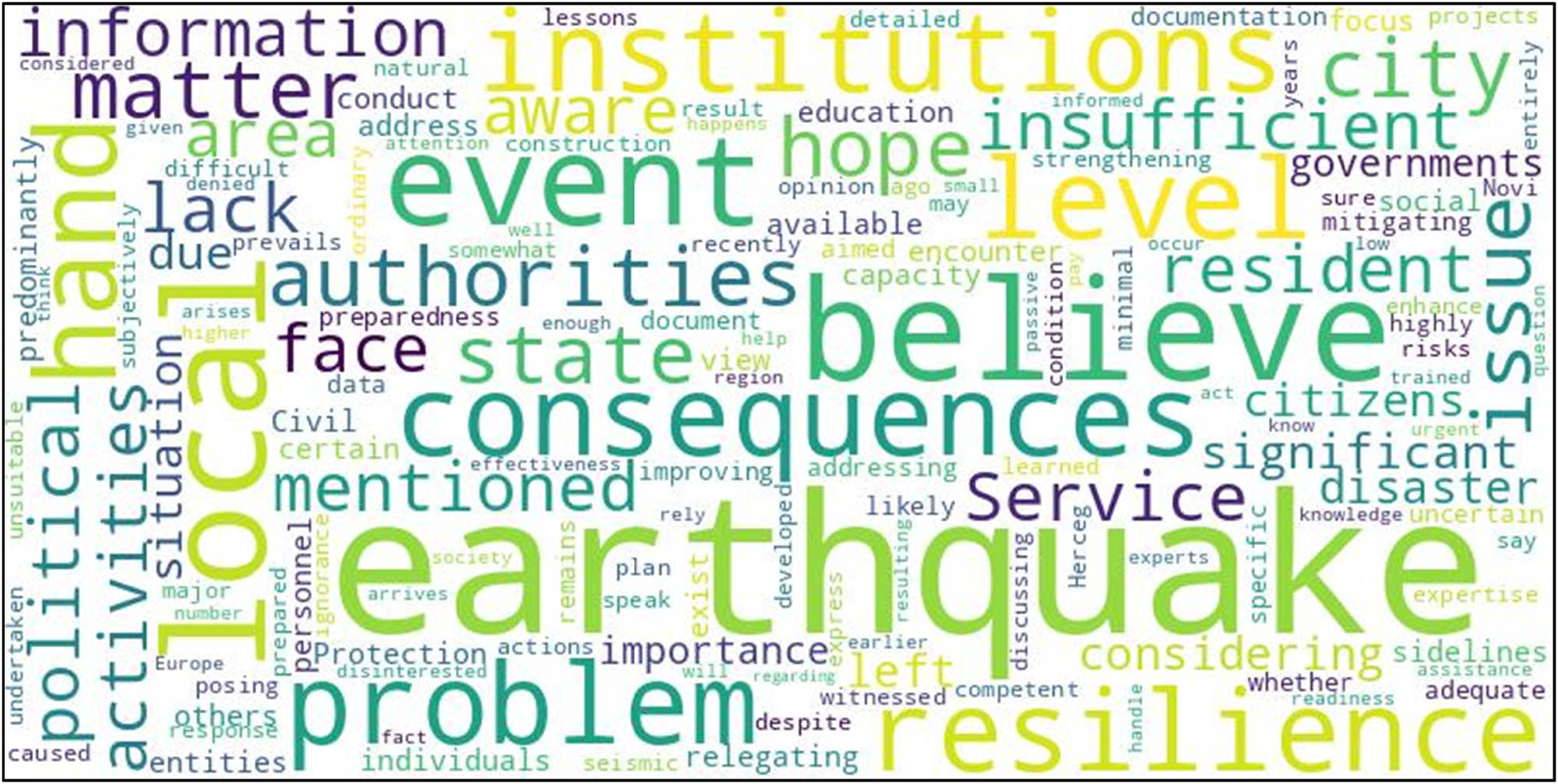 Figure 7 
                  Word cloud analysis of key themes in the assessment of local self-governments’ resilience in responding to earthquake disasters.
               