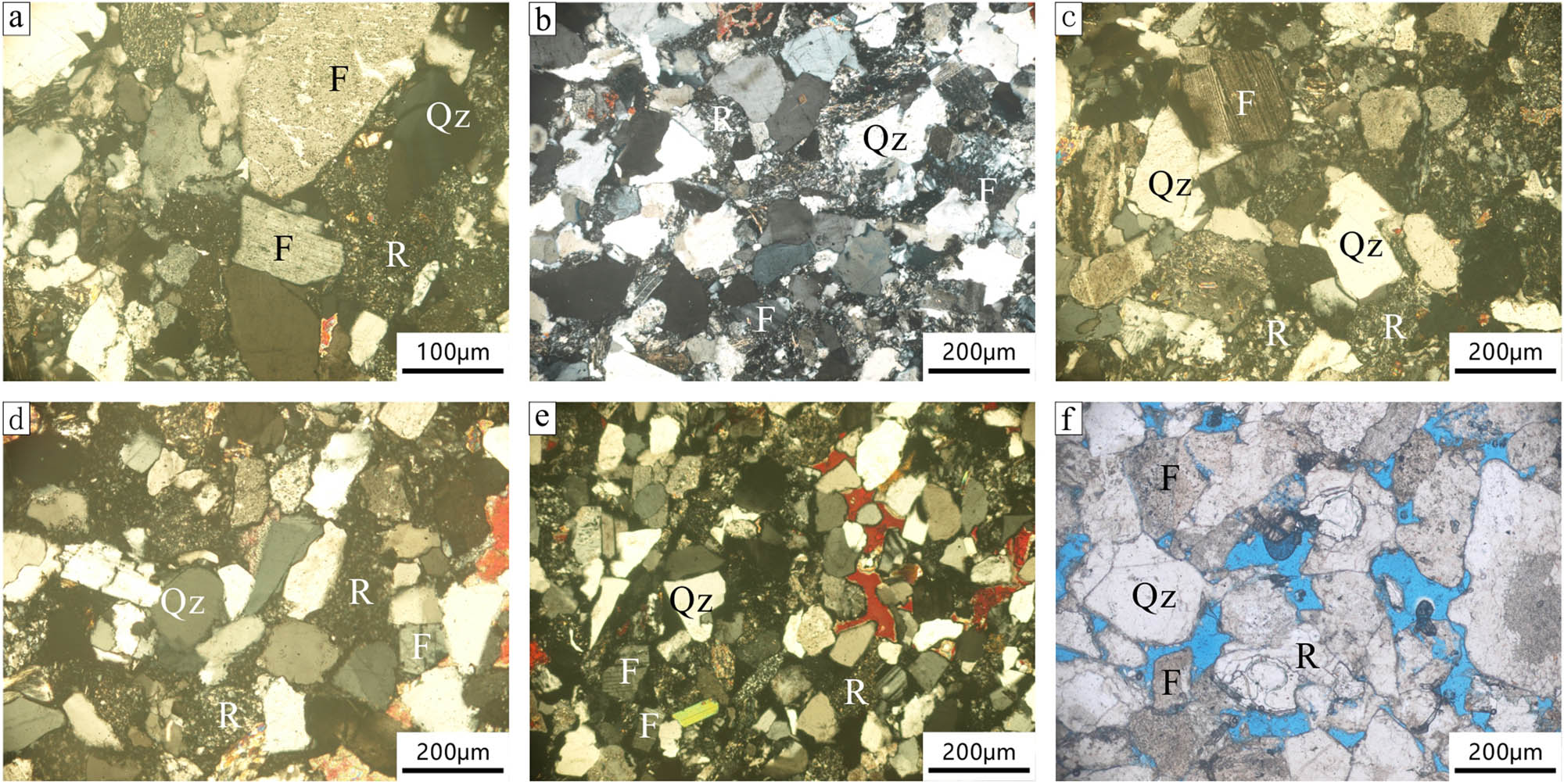 Figure 3 
                  Typical microscopic photos of sandstone in the Shaximiao Formation reservoir in the Western Sichuan Basin: (a) northwestern Sichuan, W1 well, 2,870 m, coarse-grained feldspathic lithic sandstone (+), (b) northwestern Sichuan, ZT6 well, 3,005 m, medium-grained feldspathic lithic sandstone (+), (c) northwestern Sichuan, W1 well, 2,852 m, medium-grained lithic feldspathic sandstone (+), (d) southwestern Sichuan, BQ110 well, 2,052 m, medium-grained lithic feldspathic sandstone (+), (e) southwestern Sichuan, D26 well, 1246.16 m, medium-grained feldspathic sandstone (+), (f) southwestern Sichuan, JT1 well, 1938.37 m, coarse-grained lithic feldspathic sandstone (+); Qz = quartz, R = lithic, F = feldspar, Cal = calcite. (Thin section instrument: Nikon LV100POL polarizing microscope, manufactured in Japan (Nikon), production date: 2010).
               