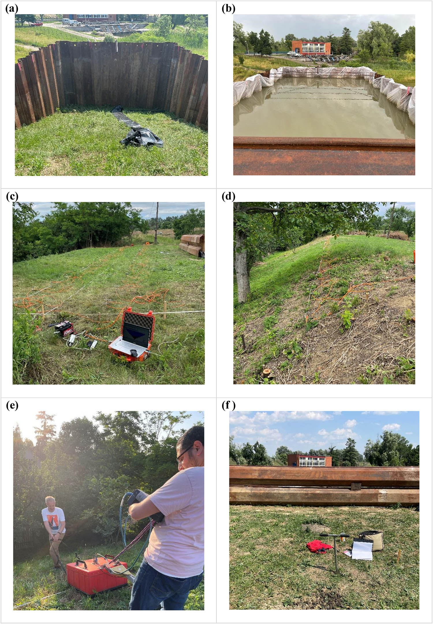 Figure 2 
                  Field photos of the tank (a) before and (b) after filling with water; ERT data acquisition on the (c) levee crown and (d) protected side; (e) GPR data acquisition; and (f) BH drilling.
               