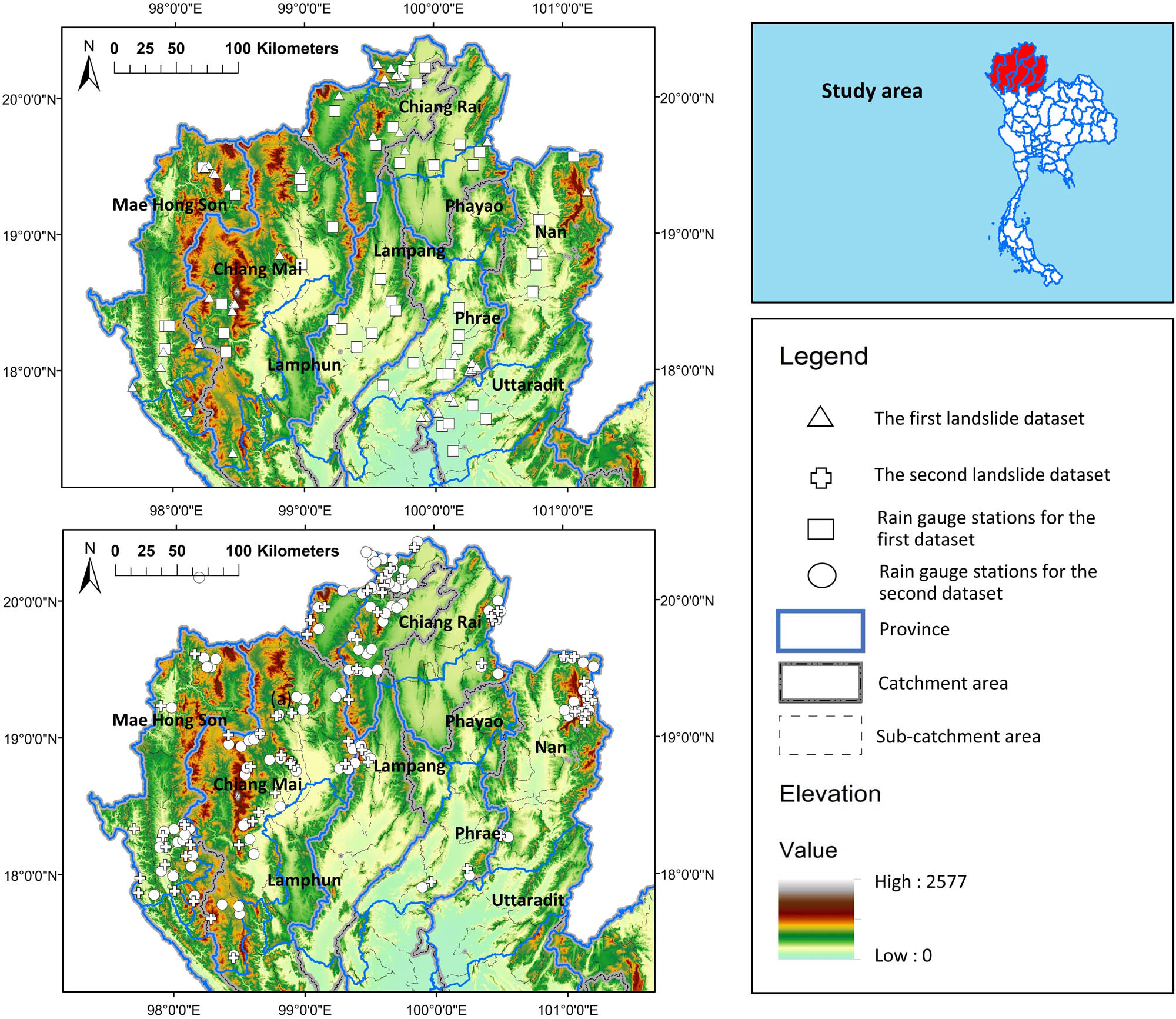 Figure 1 
               Map of Northern Thailand showing locations of landslides and rain gauge stations for the first dataset and the rain gauge stations for the second dataset. The upper left map presents locations for the first dataset. The white triangles and white squares are for the first dataset for landslides and rain gauge stations, respectively. The lower left map presents locations for the second dataset. The white crosses and white circles are for the second dataset for landslides and rain gauge stations, respectively. (Figure created using ESRI ArcGIS 10.5 software, https://www.esri.com/en-us/arcgis/about-arcgis/overview.).
            