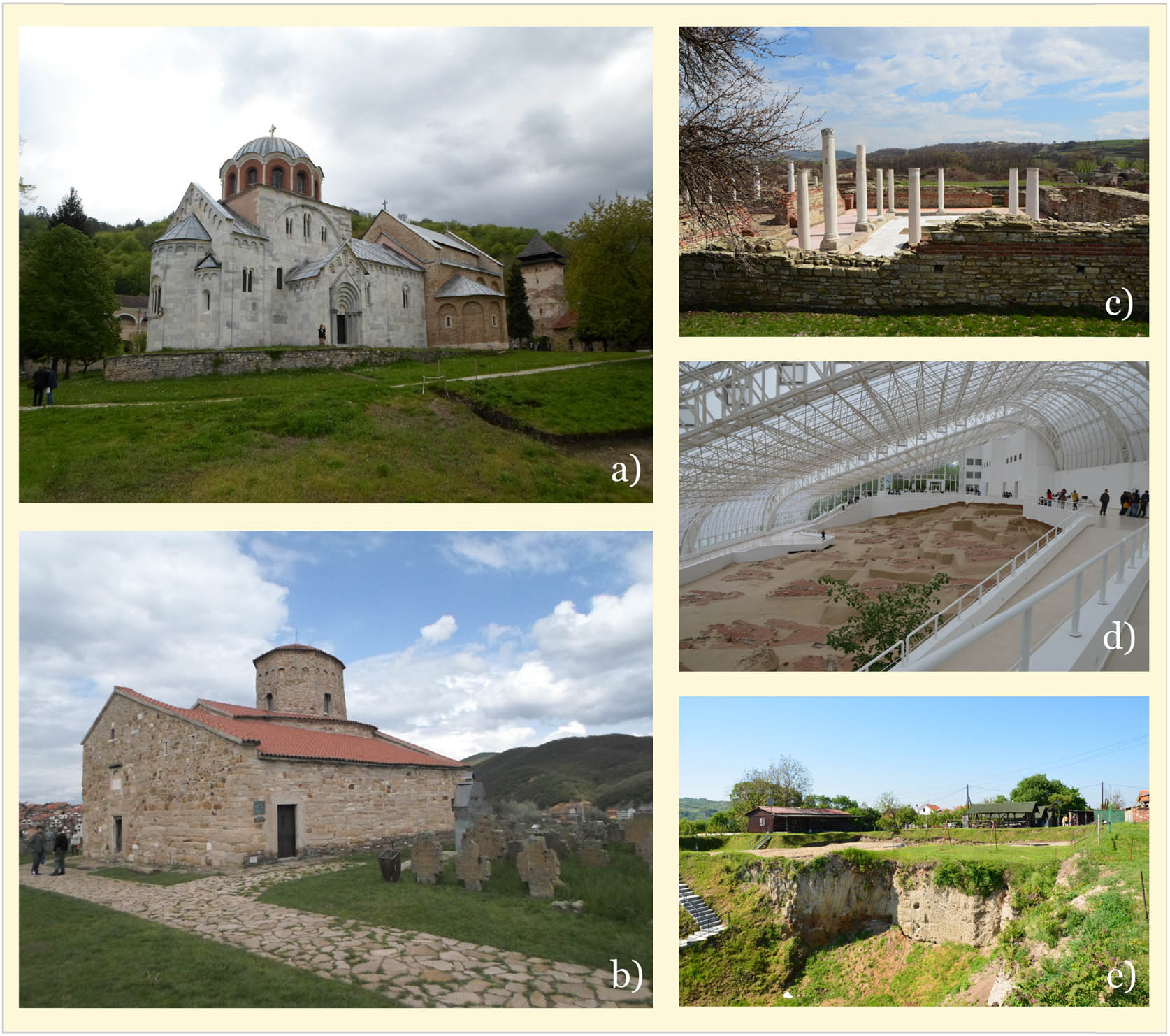 Figure 1 
               Examples of Serbian cultural heritage sites: (a) Studenica Monastery; (b) Church of St. Peter and St. Paul; (c) Felix Romuliana Archaeological Site; (d) Lepenski Vir Archaeological Site; and (e) Vinča-Belo Brdo Archaeological Site (photographs are the original work of the authors).
            