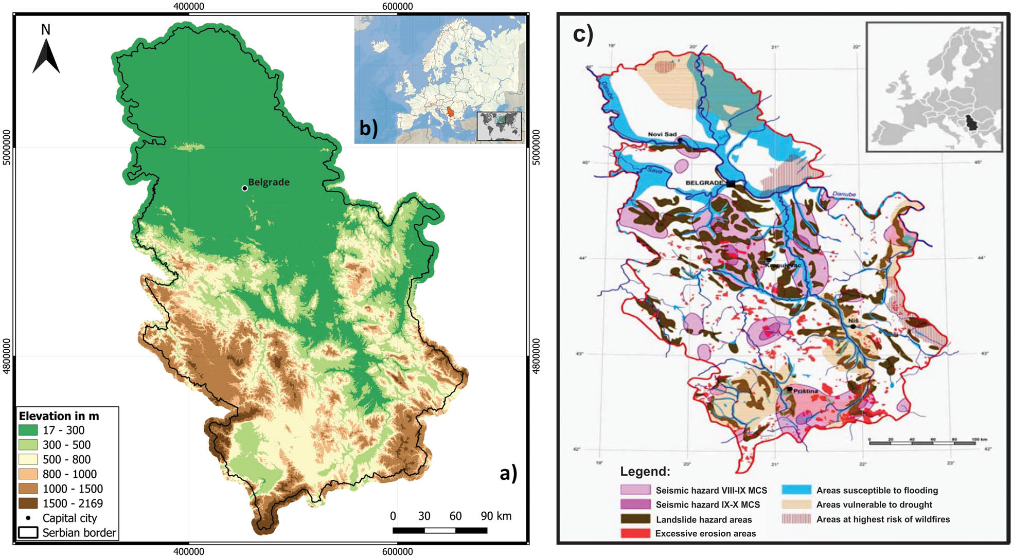Figure 3 
                  Elevation map of the study area in Serbia with highlighted capital (a) and geographic position in Europe (b). Integral vulnerability map of the natural hazards in the territory of Serbia (according to Dragicevic et al. [123]) is presented on panel (c).
               