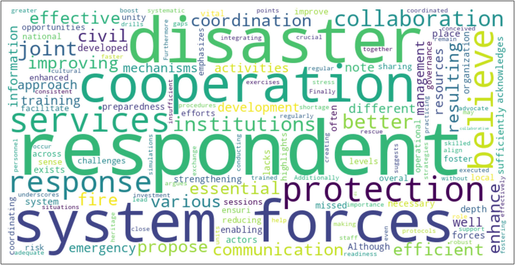 Figure 12 
                  Visualization of key term frequencies in respondents’ answers concerning cooperation with system forces involved in DRR.
               
