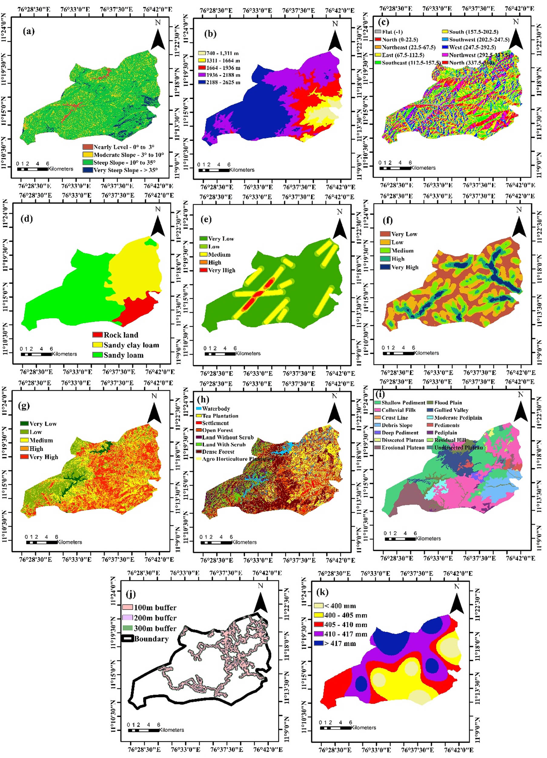 Figure 3
Distribution of Landslide evaluative factors: (a) Slope, (b) elevation, (c) aspect, (d) soil, (e) lineament density, (f) drainage density, (g) NDVI, (h) LULC, (i) geomorphology, (j) road and (k) rainfall.
