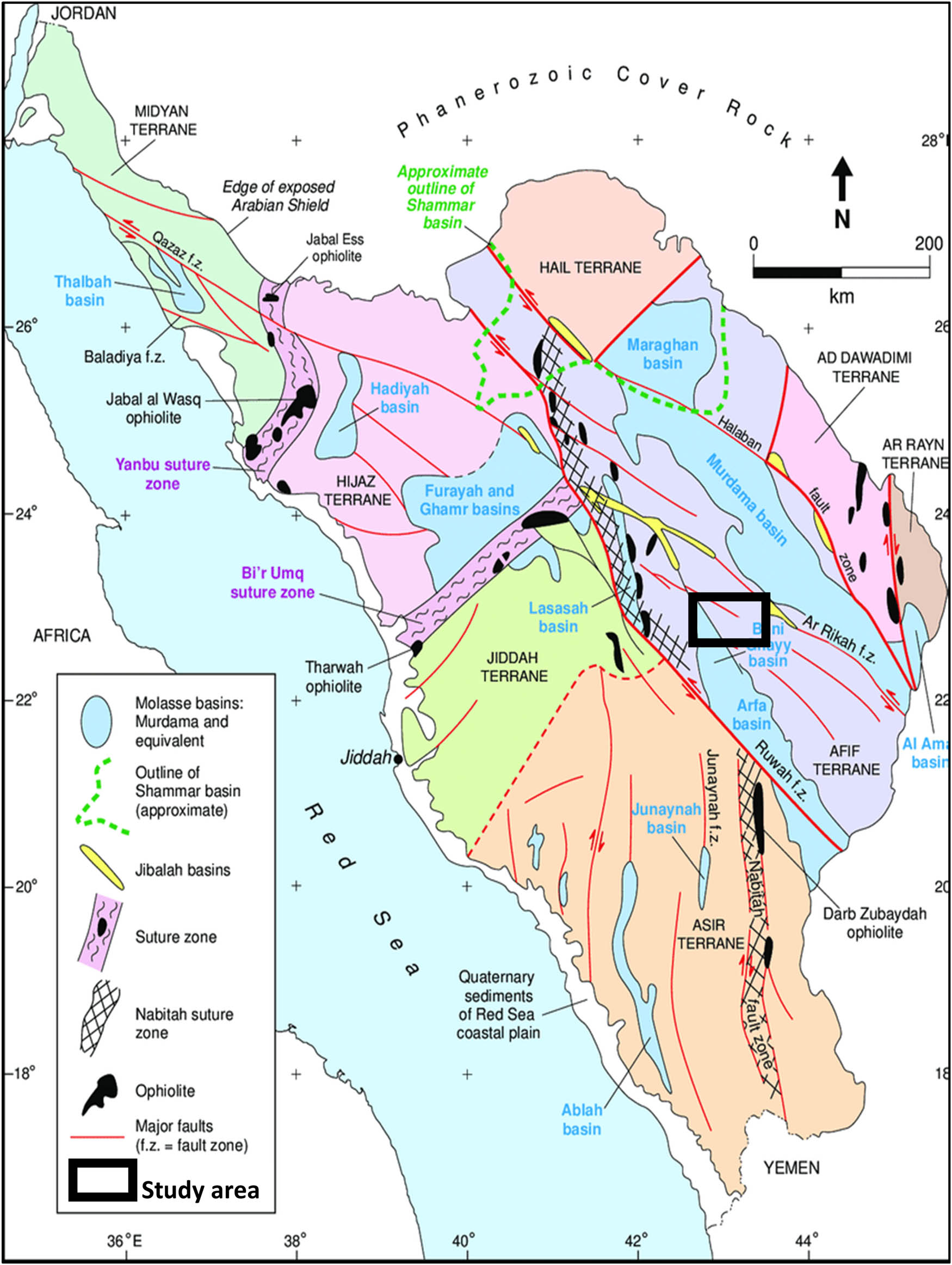 Figure 1 
               The Arabian Shield geologic map showing the tectonic terranes and their boundaries [15].
            