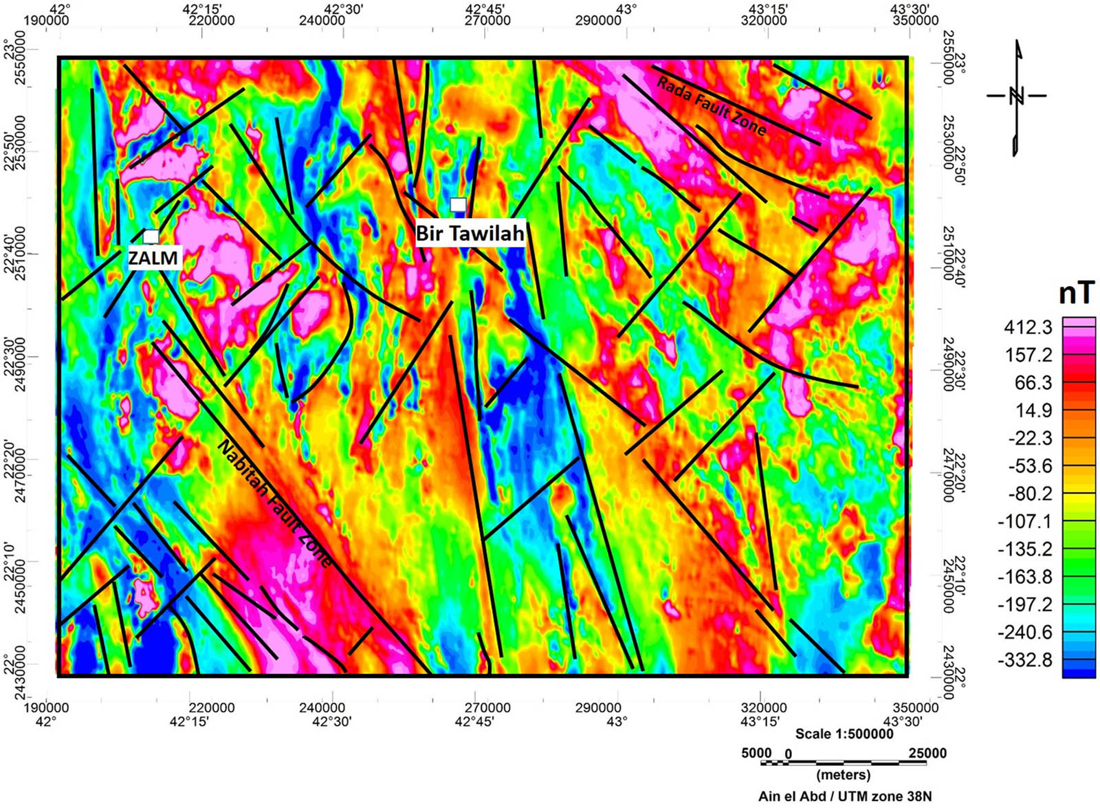 Figure 7
RTP map with delineated structural lineaments of the Zalm district, west Saudi Arabia.