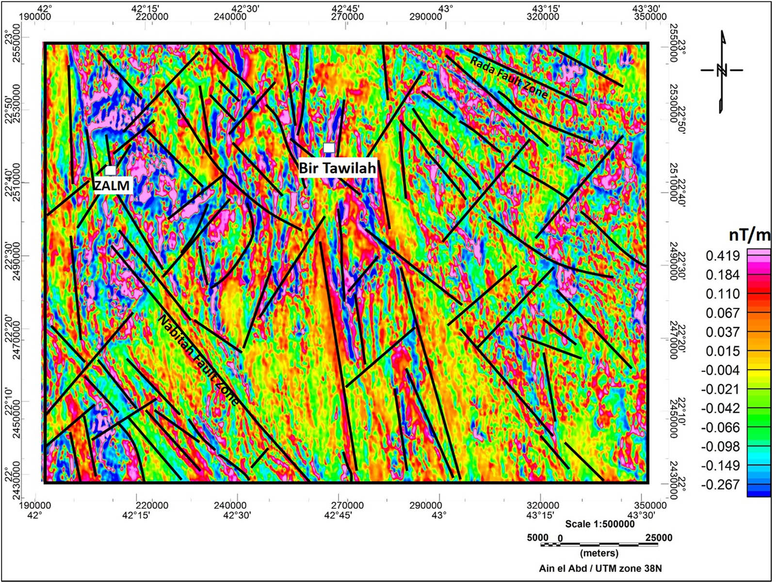 Figure 9
1VD map of magnetic data with mapped structural lineaments of the Zalm district, west Saudi Arabia.