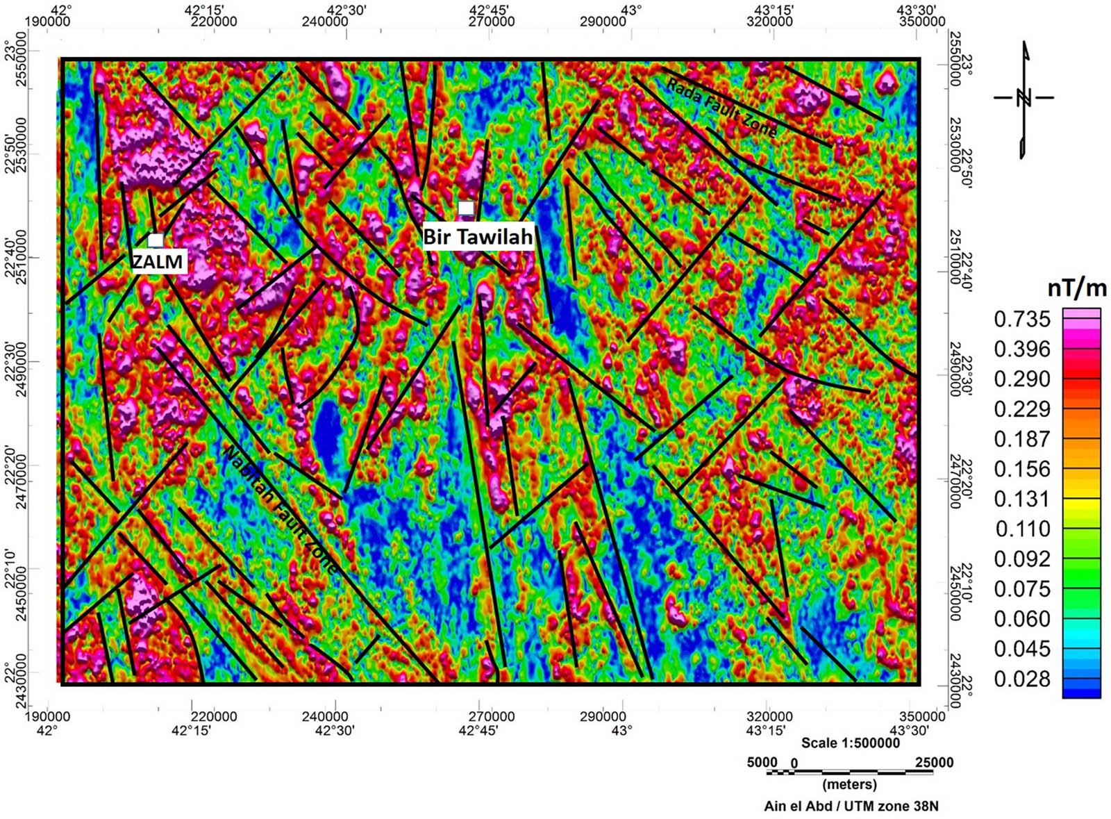 Figure 10
AS map of magnetic data with mapped structural lineaments of the Zalm district, west Saudi Arabia.