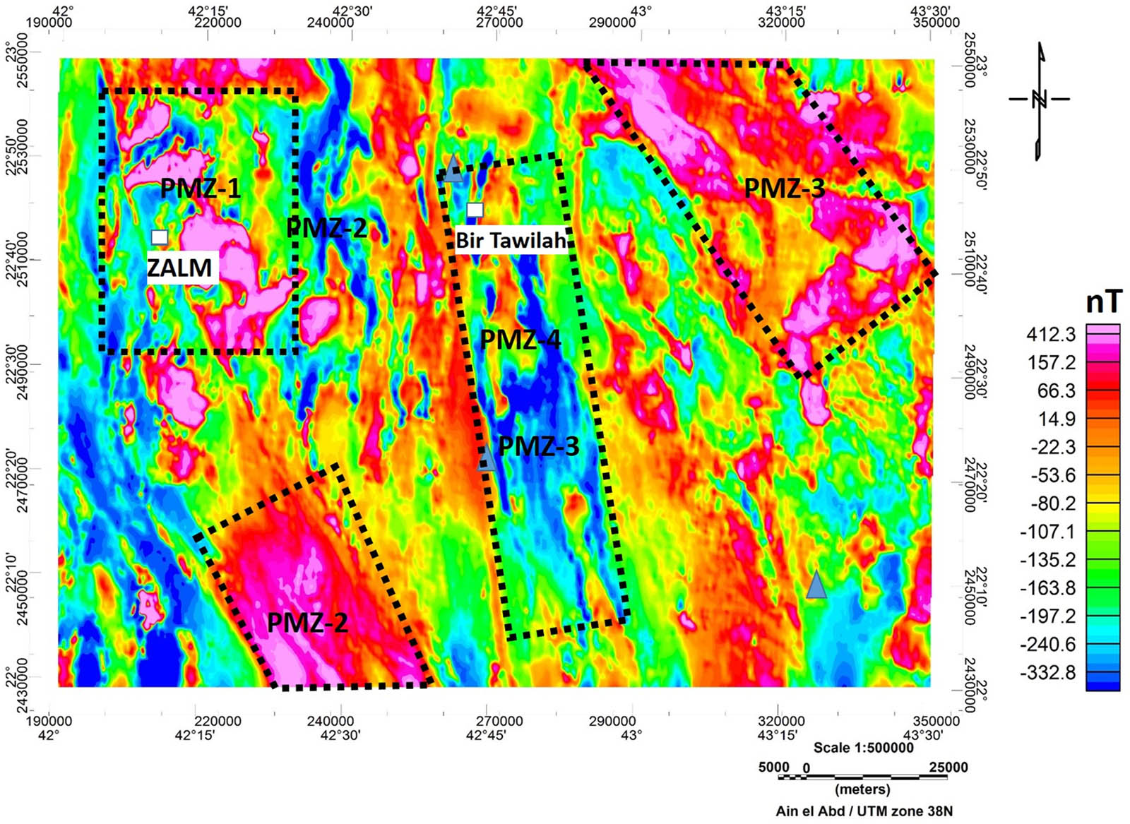 Figure 11
Proposed localities (labeled by PMZ-1, PMZ-2, PMZ-3, and PMZ-4) for future gold mineralization exploration in the study area.