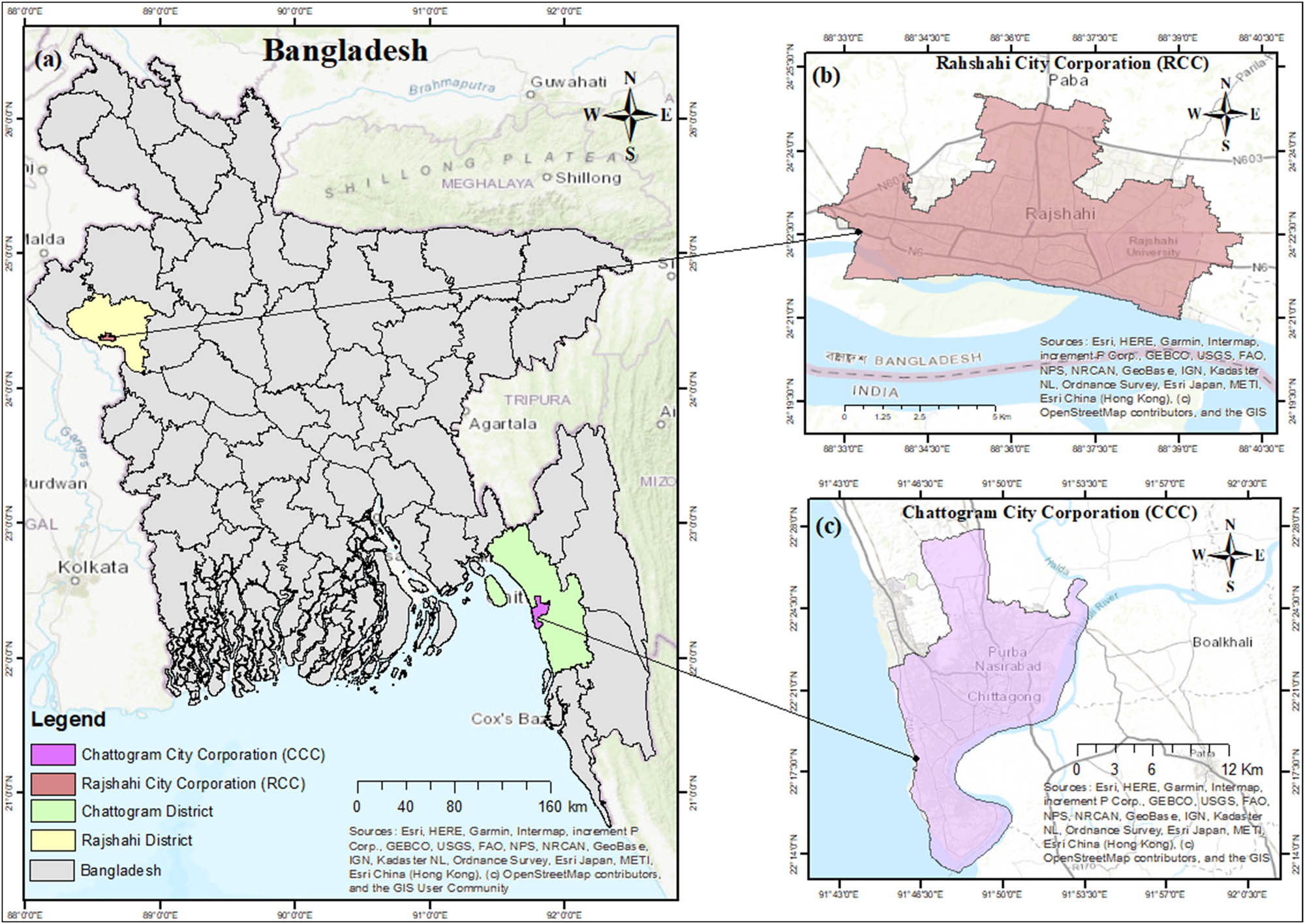 Figure 1
Geographic location of the study areas showing the (a) location of Bangladesh in South Asia, (b) RCC and CCC within Bangladesh, and (c) administrative boundaries of the study areas with major landmarks.