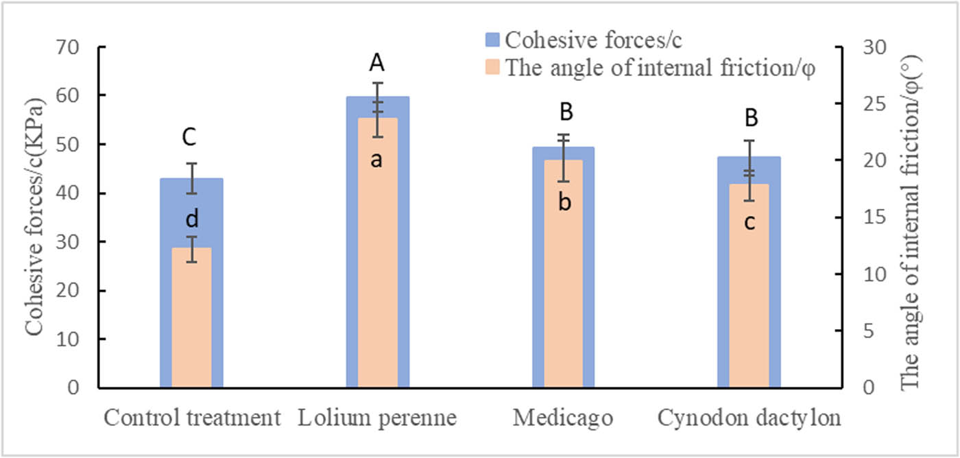 Figure 9 
                  Soil cohesion forces and the angle of internal friction under the influence of different herbaceous plants.
               