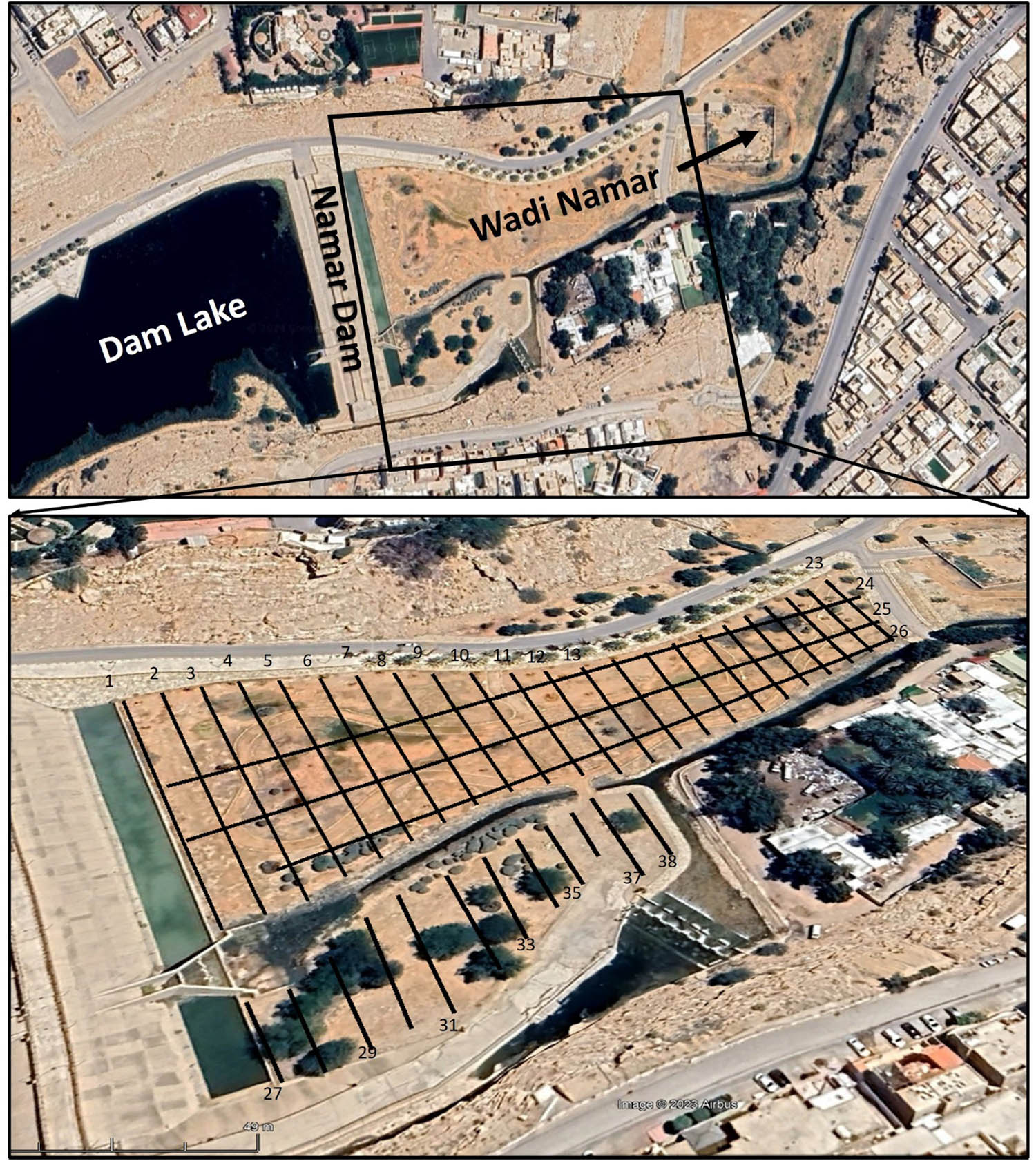 Figure 4
A satellite image showing the Wadi Namar dam and its upstream lake (top) and the location of the GPR survey lines (bottom).