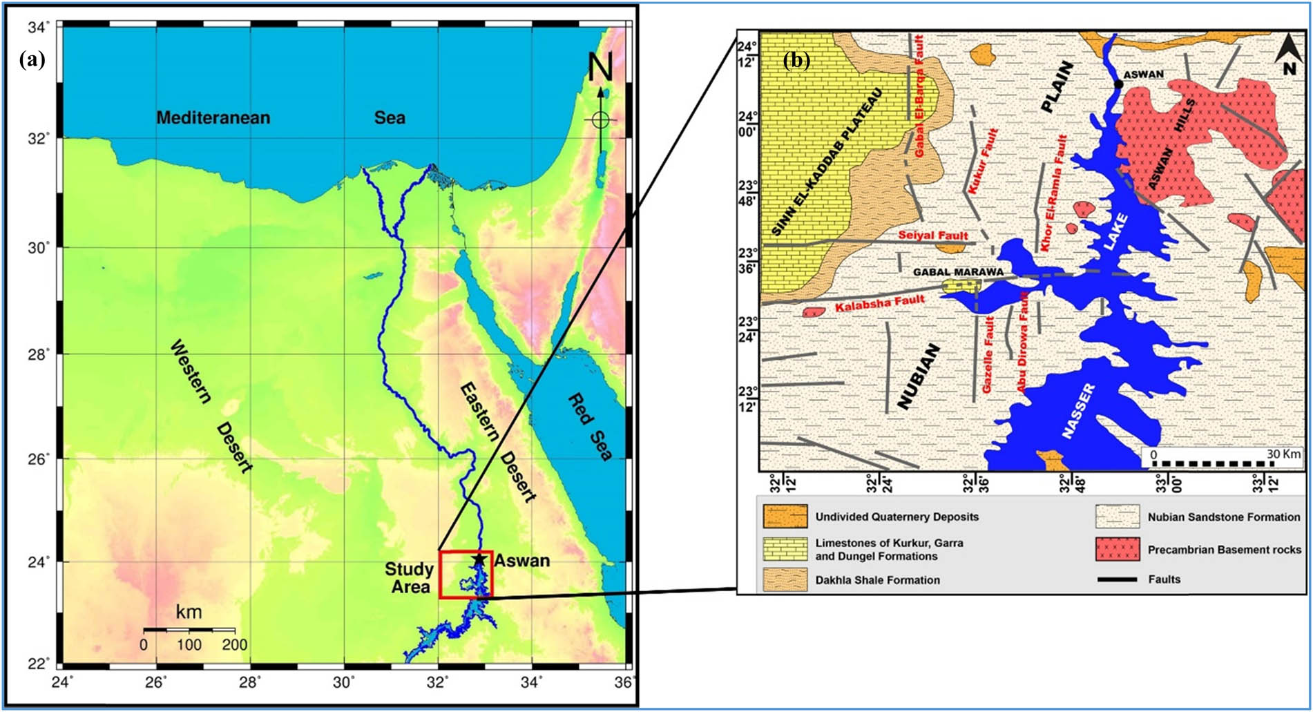 Figure 1 
                  Location map of the study region (a) and geological-geomorphological and structural setting (b) of the study area modified after, EGSMA (1981).
               