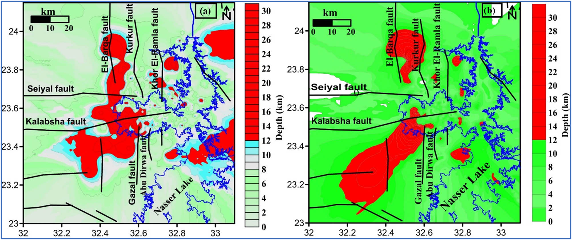 Figure 3 
                  The earthquakes depth classification from 1981 to 2022 (a) and during the studied period from 2010 to 2022 (b).
               