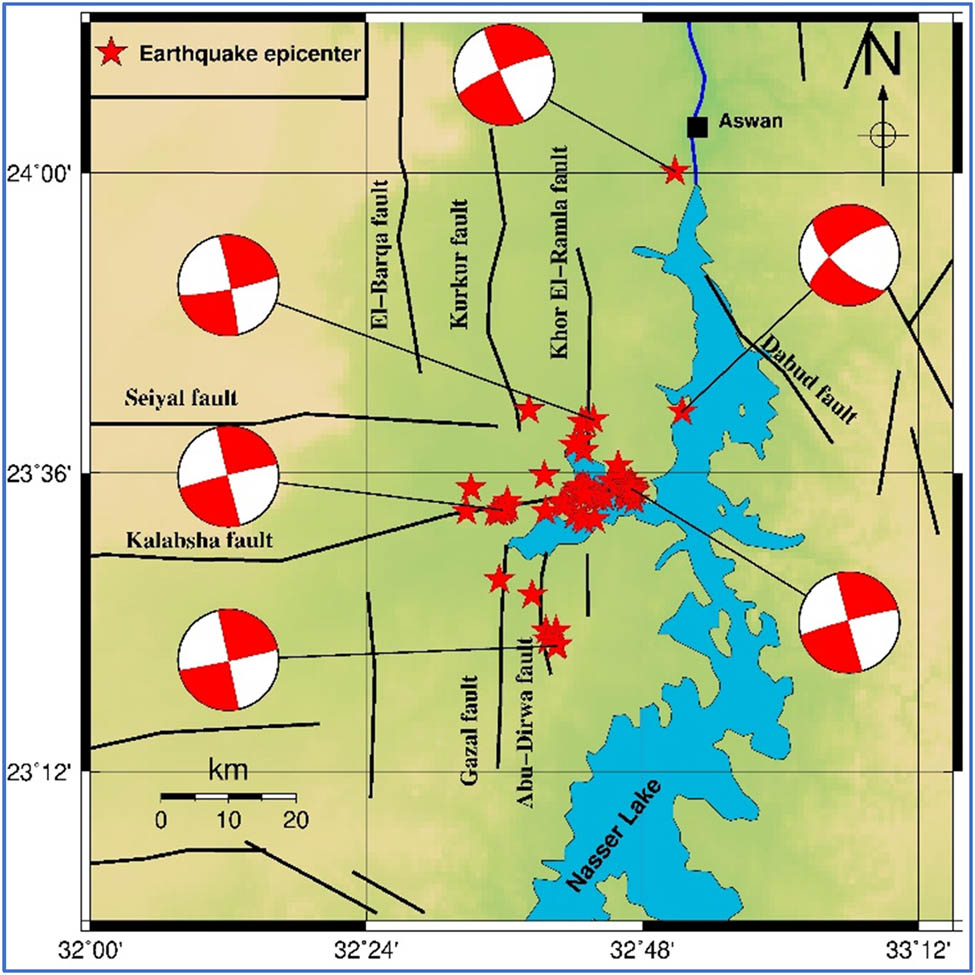 Figure 4 
                  Six earthquake fault plane solutions established from P-wave first motions for the selected events in the Aswan region.
               