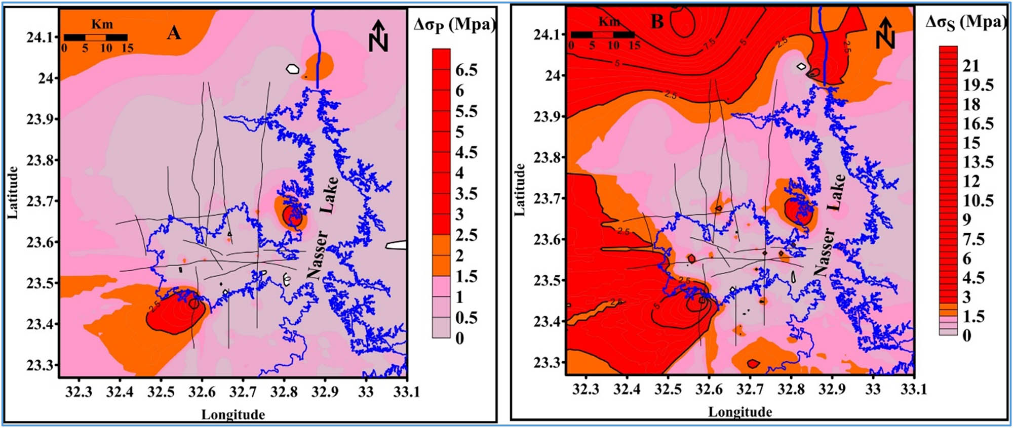 Figure 14 
                     Stress drop 
                           
                              
                              
                                 ∆
                                 σ
                              
                              \triangle \sigma 
                           
                         distribution of the selected earthquakes in Aswan seismic zone using P-spectra (a) and S-spectra (b).
                  