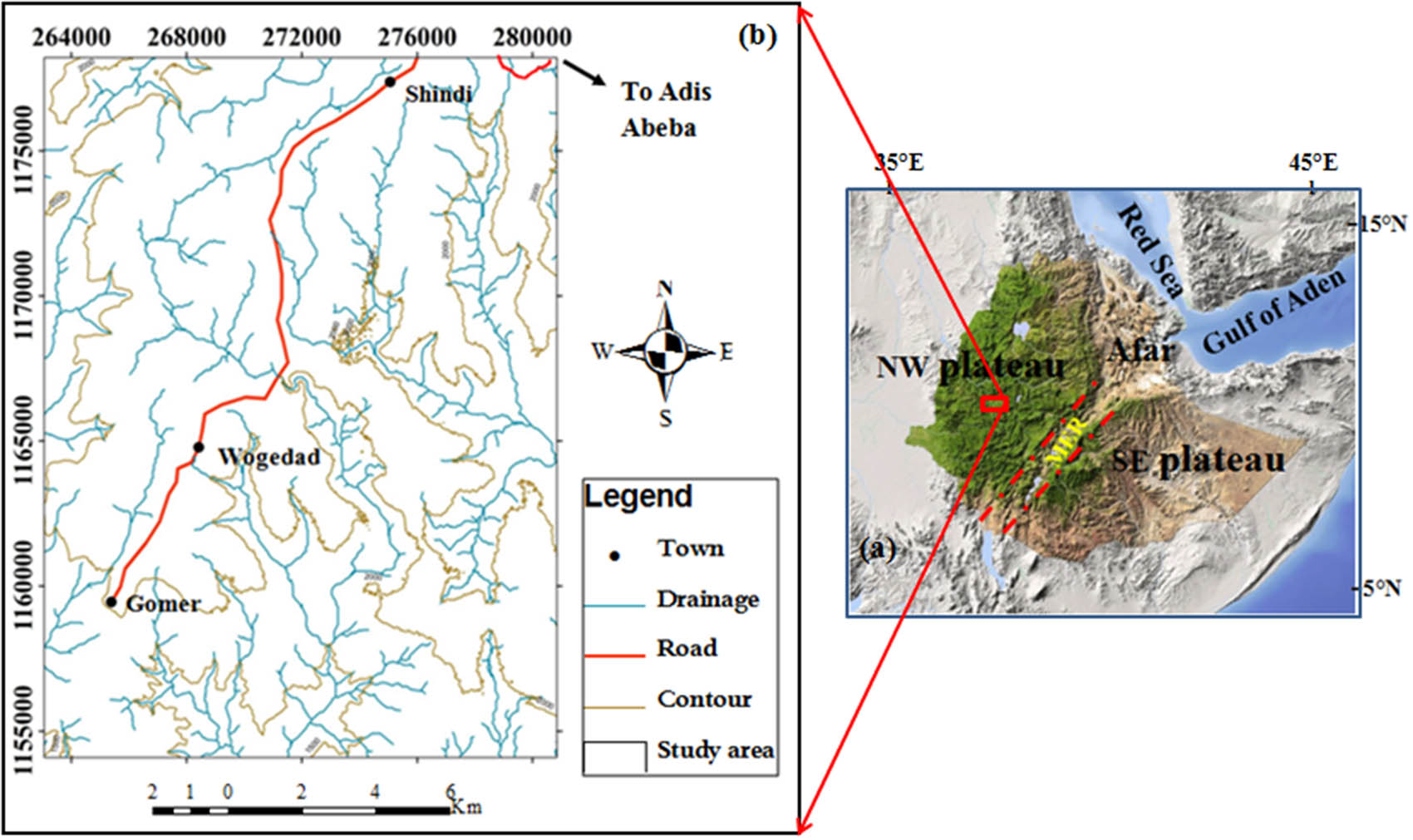Figure 1 
                  Location of the study areas: (a) geographical map of the northern eastern Africa and Arabia (NASA STRM30) showing the location of the three rifts (Main Ethiopian Rift [MER], Gulf of Aden, and Red Sea) together with the Ethiopian (NW plateau) and Somalian plateaus (SE plateau), surrounding the Afar depression. (b) Location and accessibility map of the study area with its drainage pattern.
               