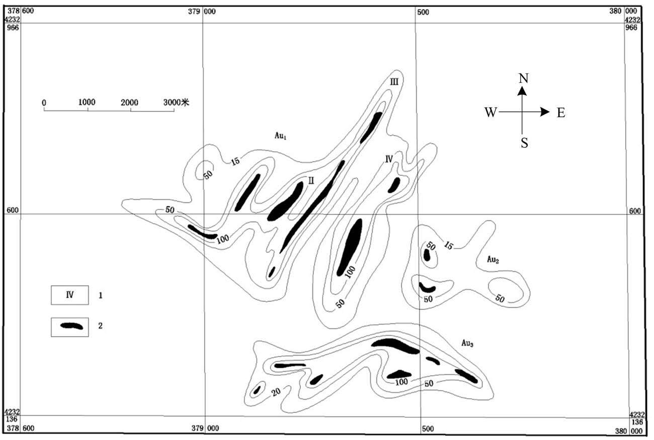 Figure 4 
                        Anomaly map of Au primary halo in Jinlonggou mine area, Tanjianshan.
                     