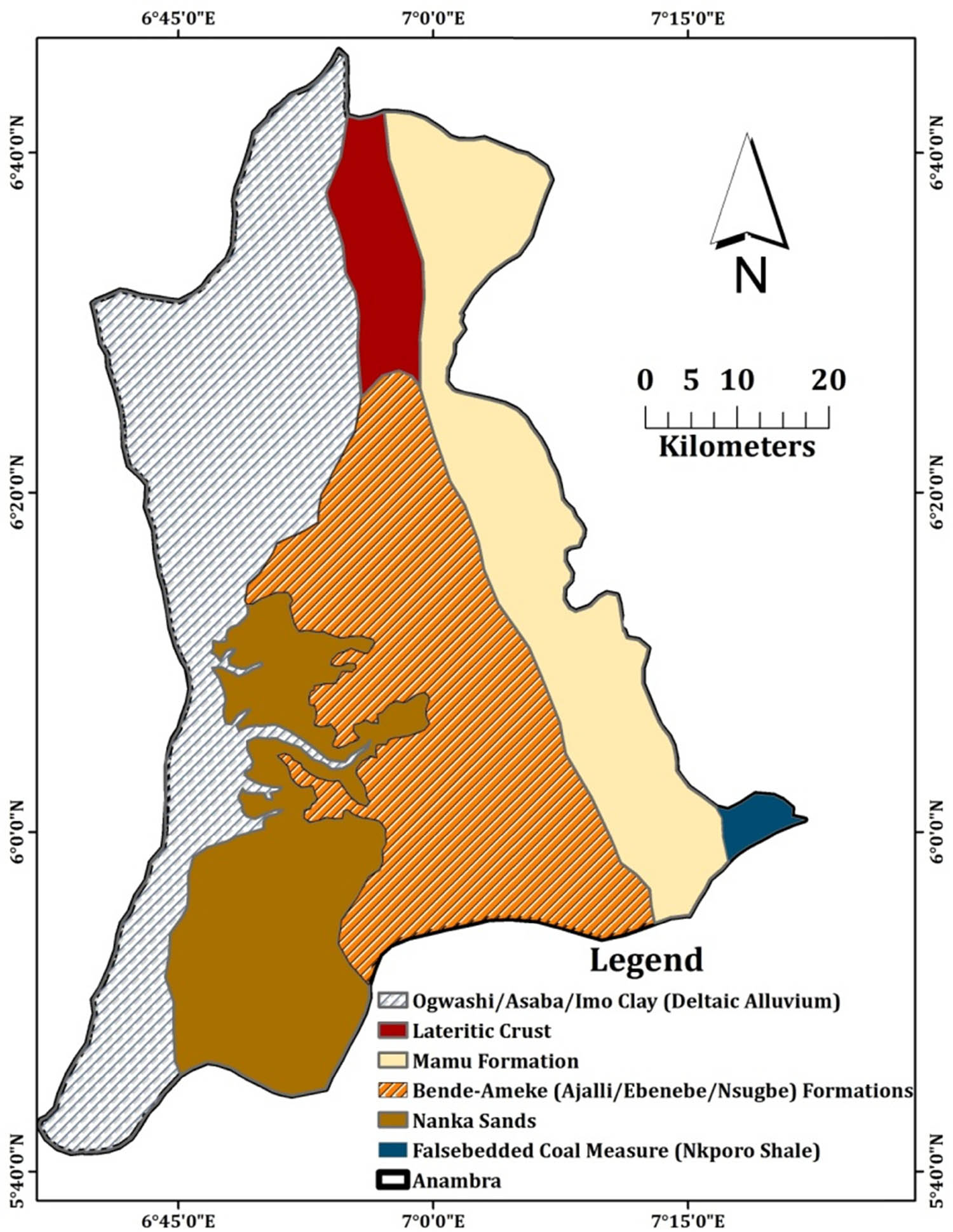 Figure 2 
                  Geology of Anambra State. Source: Okoro et al. [26] and Diva-GIS, modified by the authors.
               
