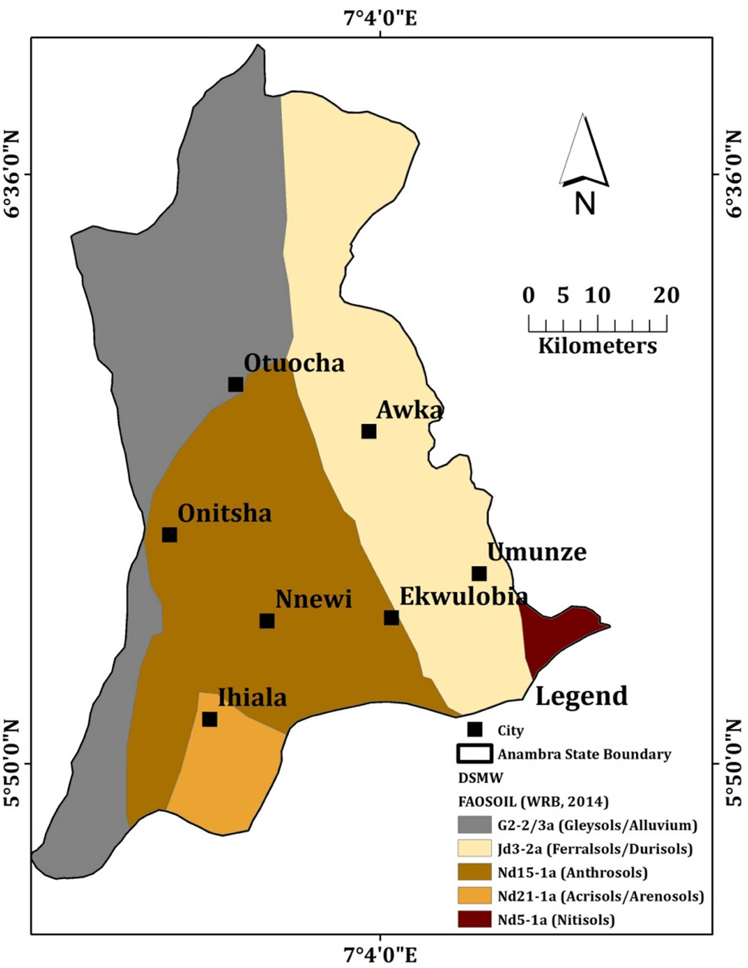 Figure 3 
                  DSMW soil map of Anambra State showing five classes. Source: Diva-GIS and DSMW/WRB [33], modified by the authors.
               