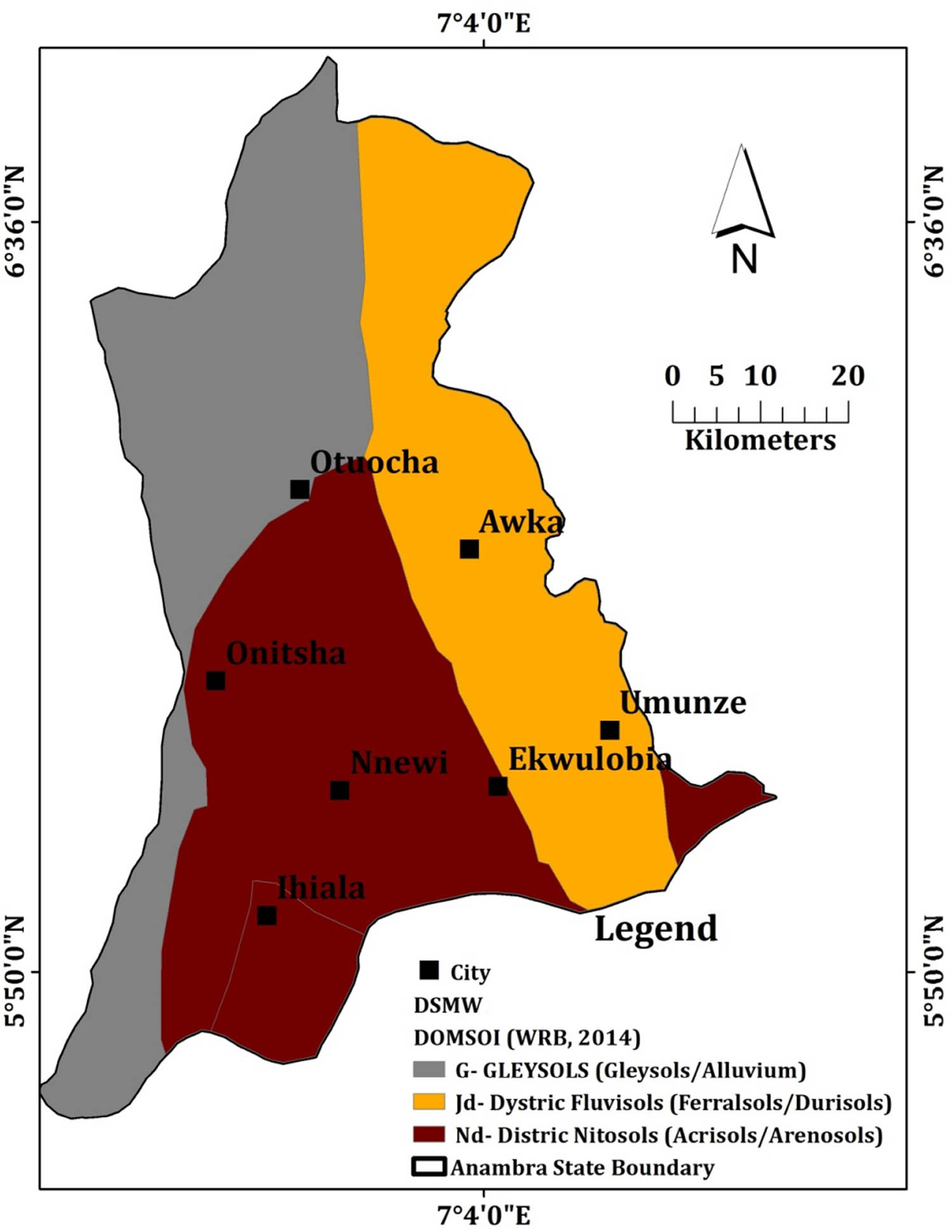 Figure 4 
                  Soil map of Anambra State reclassified into three (3) based on DSMW reclassification. Source: Diva-GIS, DSMW/WRB [33], modified by the authors.
               