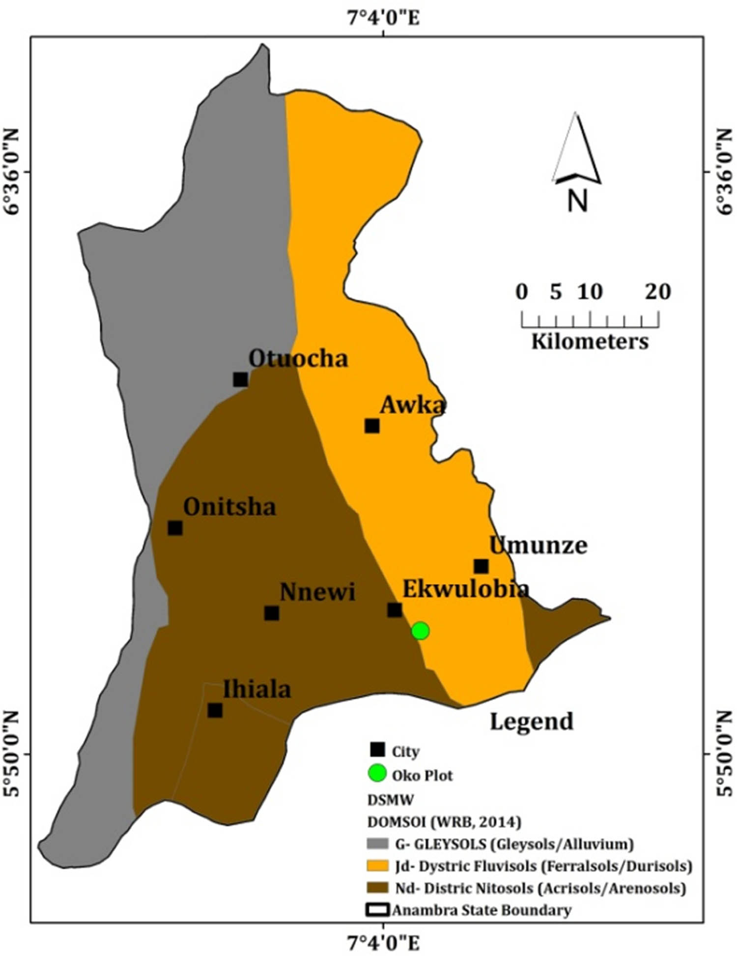Figure 6 
                  Reclassified soil map of Anambra State with the location of the experimental plot at Oko. Source: Diva-GIS and DSMW/WRB [33], modified by the authors.
               