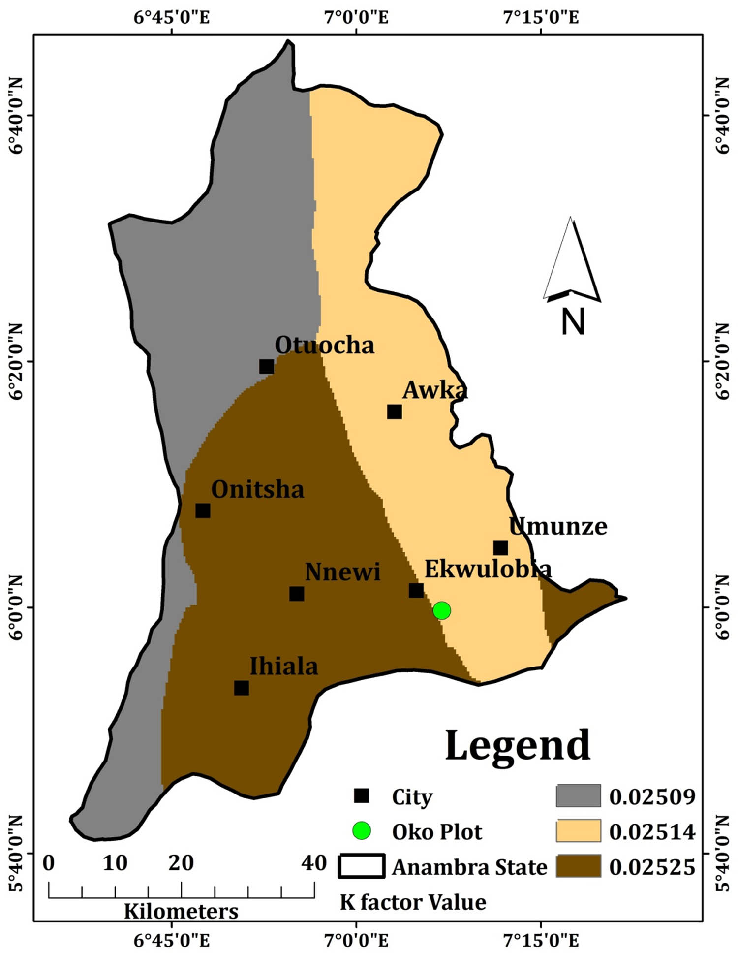 Figure 9 
               Point locations of main cities and soil erodibility rates (K factor values in ton ha hr MJ−1 mm−1) of Anambra State. Source: Diva-GIS and DSMW/WRB [33], modified by the authors.
            